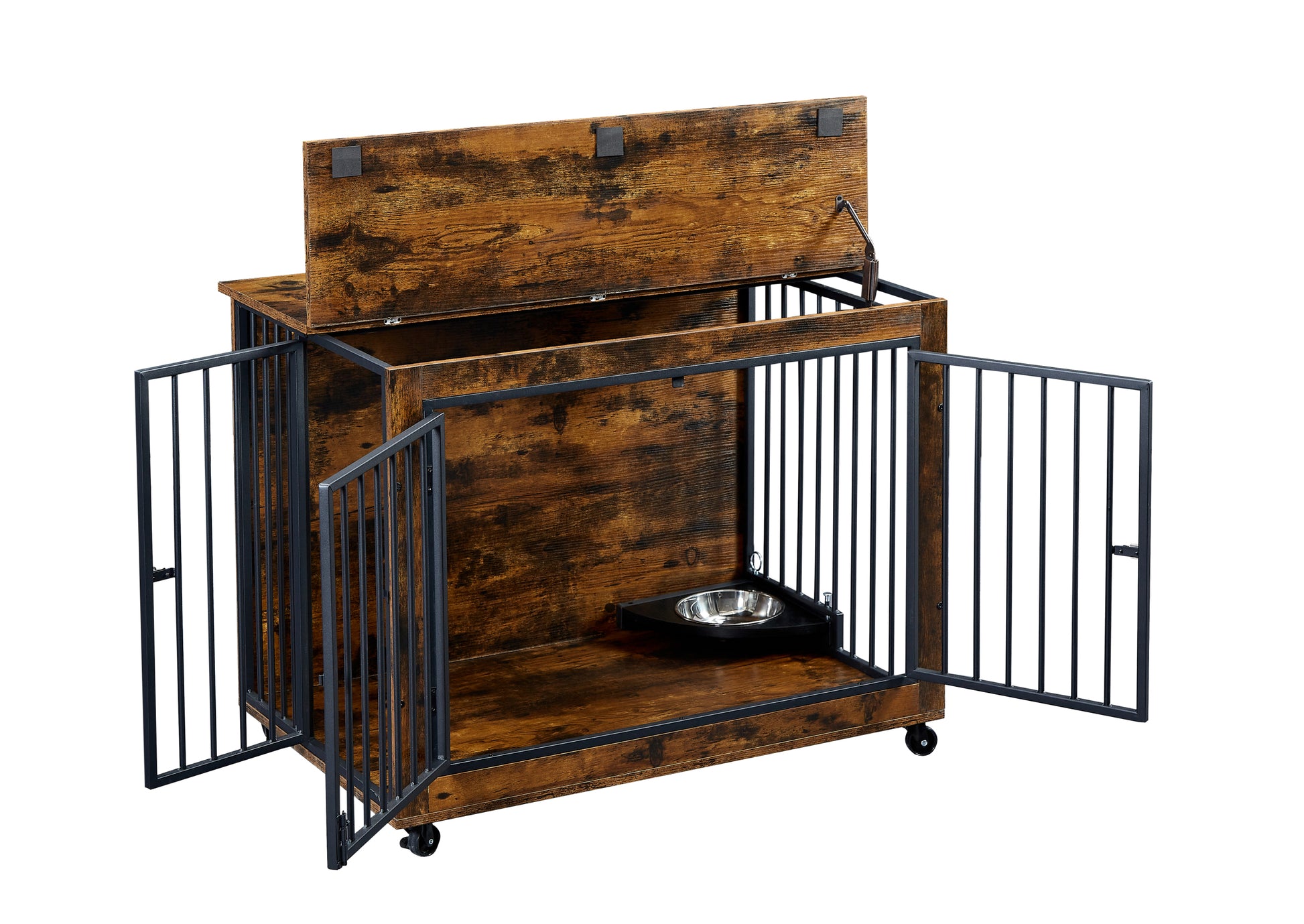 Furniture Style Dog Crate Side Table With Rotatable Feeding Bowl, Wheels, Three Doors, Flip Up Top Opening. Indoor, Rustic Brown, 38.58"W X 25.2"D X 27.17"H Rustic Brown Particle Board