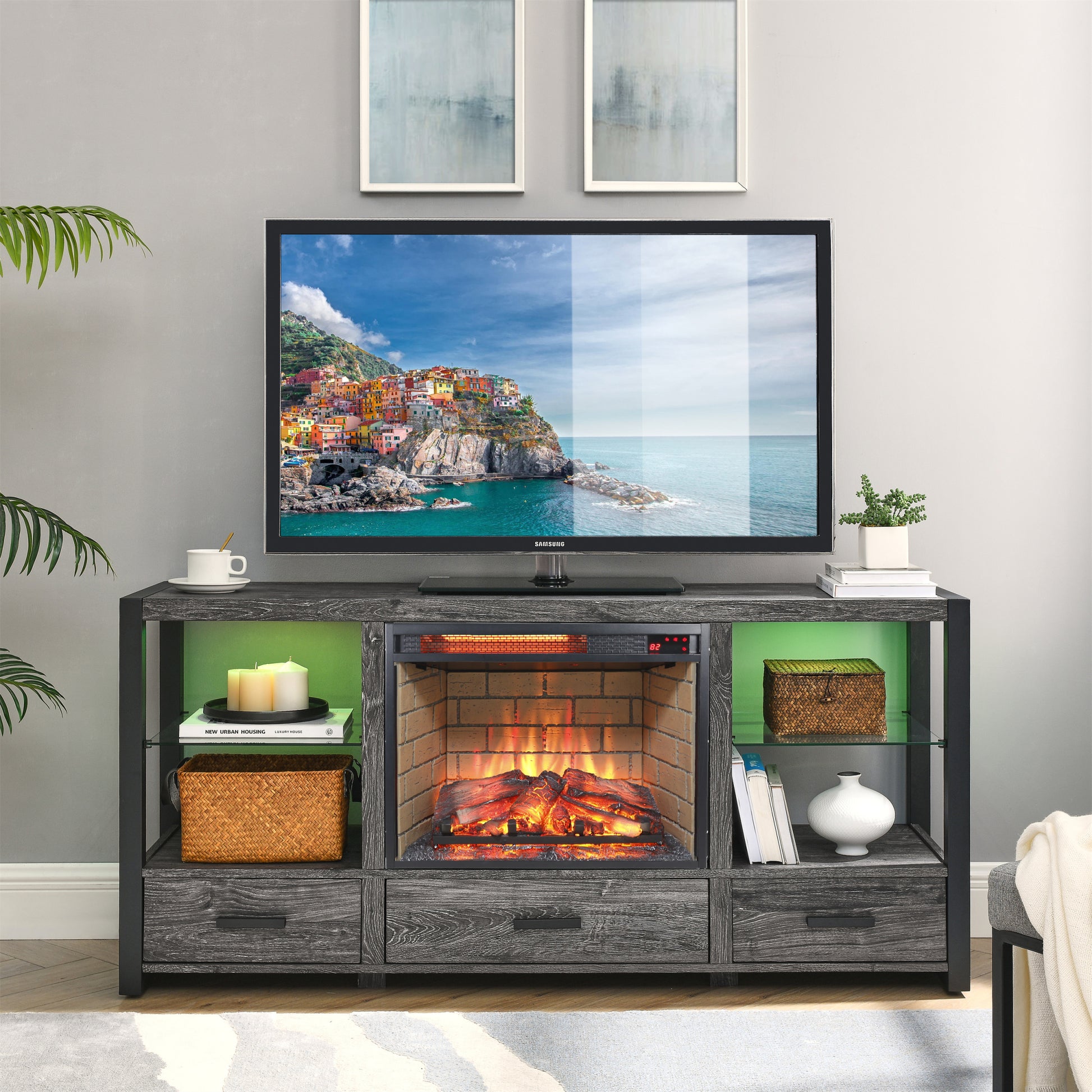 23 Inch Infrared Quartz Heater Fireplace Insert Woodlog Version With Brick Powder Coated Electric Antique Black Vent Free Primary Living Space Yes Insert Tempered Glass Sheet Metal Plastic Electric