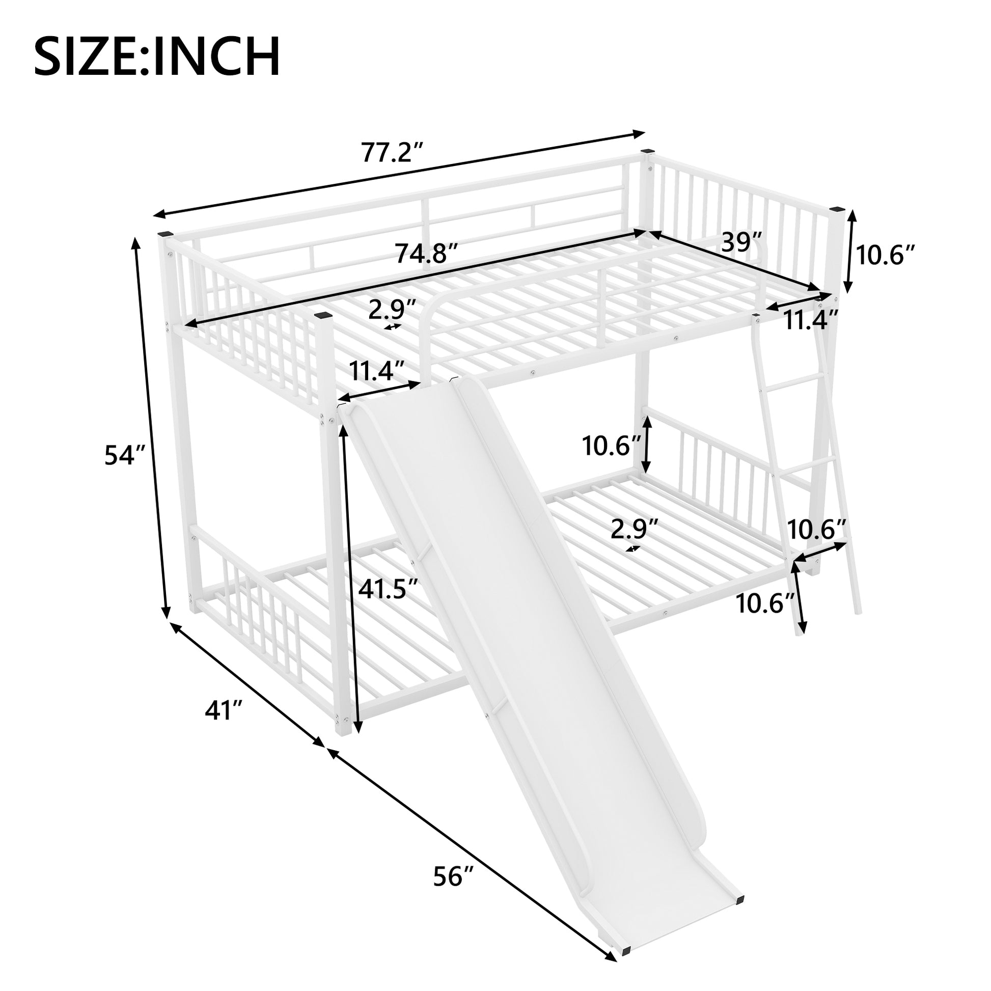 Metal Bunk Bed With Slide, Twin Over Twin, White Box Spring Not Required White Metal Bedroom Metal