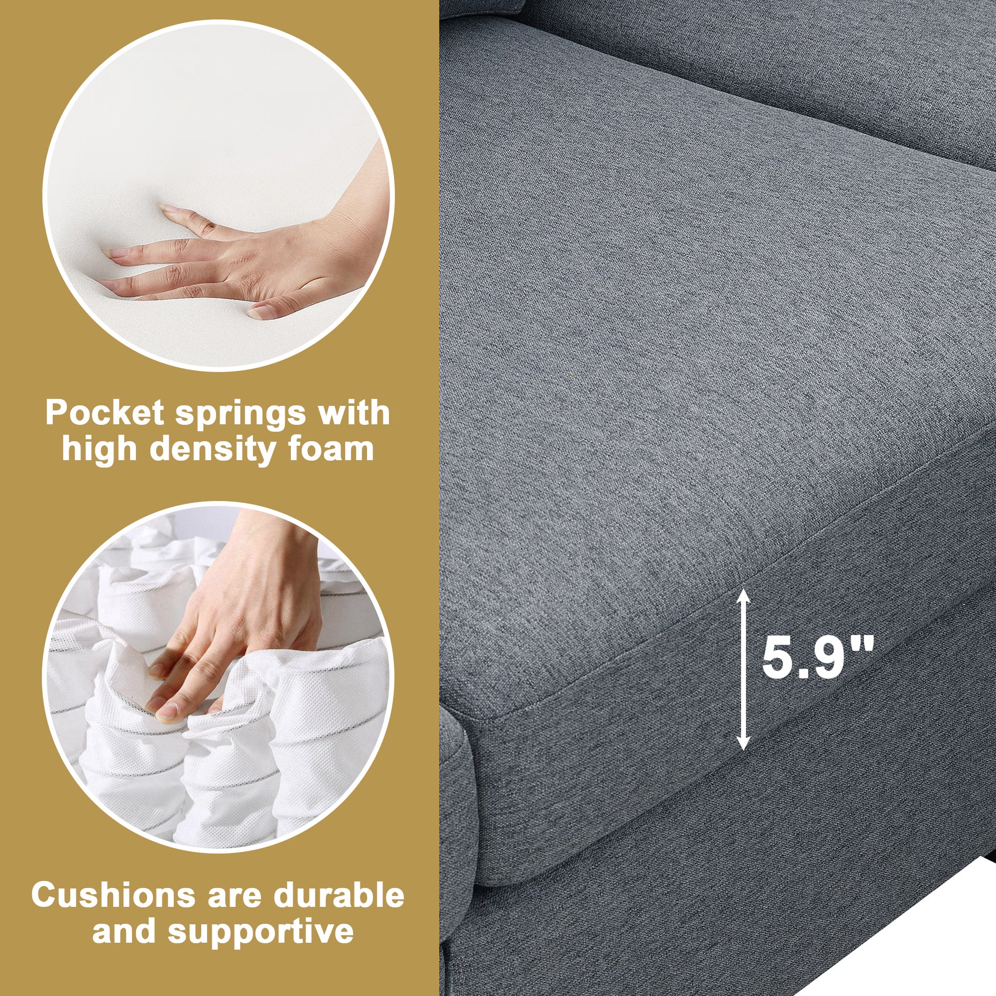 89.8*60.2" Modern Sectional Sofa,5 Seat Modular Couch Set With Convertible Ottoman,L Shape Linen Fabric Corner Couch Set With 2 Pillows For Living Room,Apartment,Office, 3 Colors Dark Grey Linen