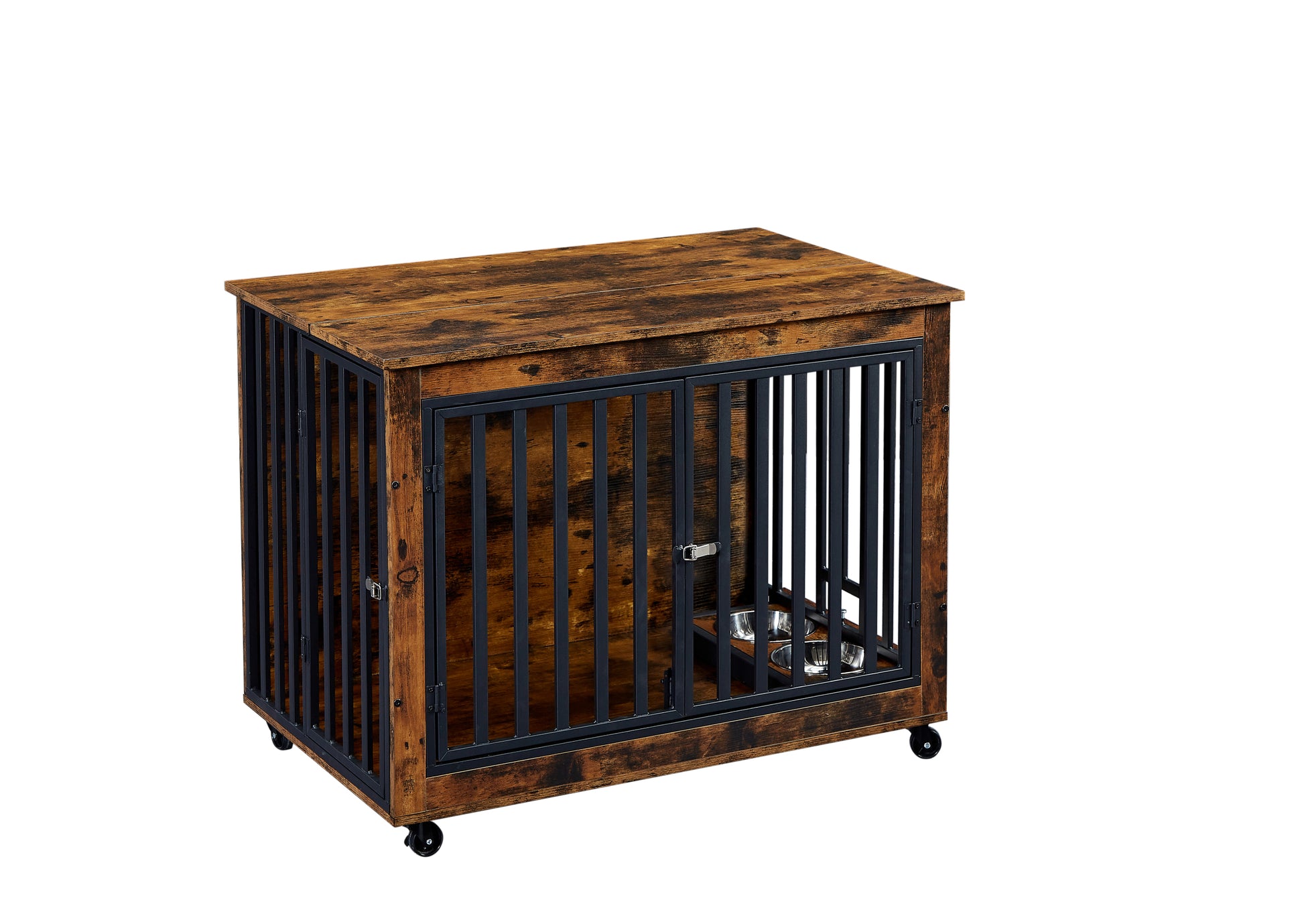 Furniture Style Dog Crate Side Table With Feeding Bowl, Wheels, Three Doors, Flip Up Top Opening. Indoor, Rustic Brown, 38.58"W X 25.2"D X 27.17"H Rustic Brown Particle Board