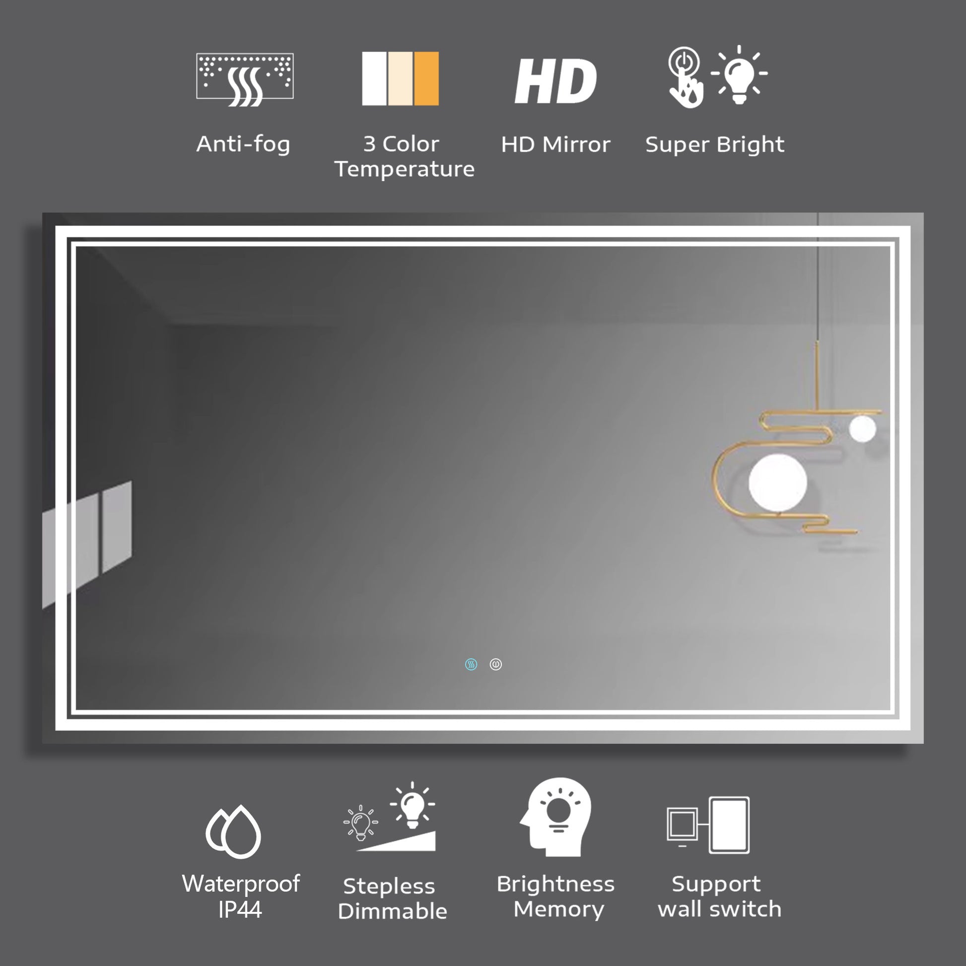 60 X 36 Led Mirror For Bathroom, Led Vanity Mirror, Adjustable 3 Color, Dimmable Vanity Mirror With Lights, Anti Fog, Touch Control Wall Mounted Bathroom Mirror,Vertical Natural Modern Glass