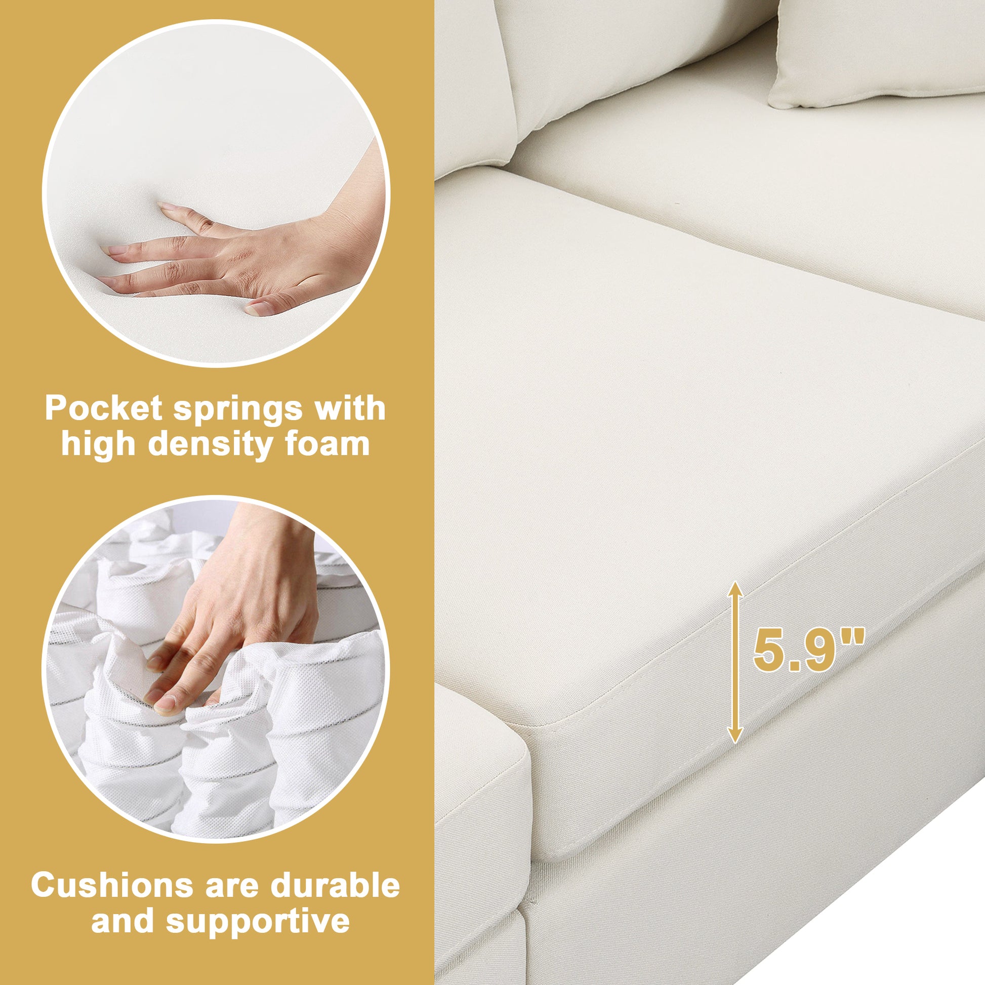 89.8*60.2" Modern Sectional Sofa,5 Seat Modular Couch Set With Convertible Ottoman,L Shape Linen Fabric Corner Couch Set With 2 Pillows For Living Room,Apartment,Office, 3 Colors Beige Linen