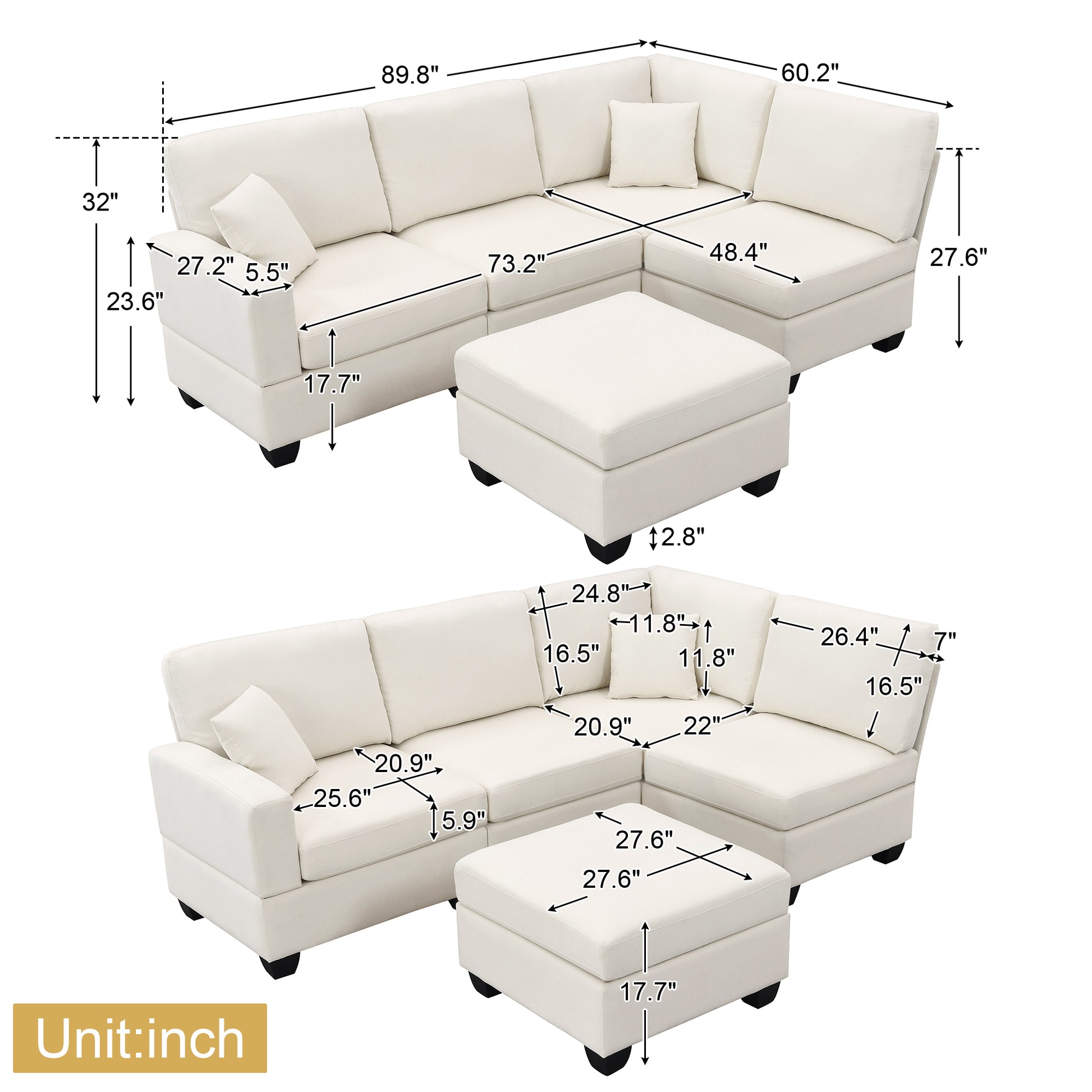 89.8*60.2" Modern Sectional Sofa,5 Seat Modular Couch Set With Convertible Ottoman,L Shape Linen Fabric Corner Couch Set With 2 Pillows For Living Room,Apartment,Office, 3 Colors Beige Linen