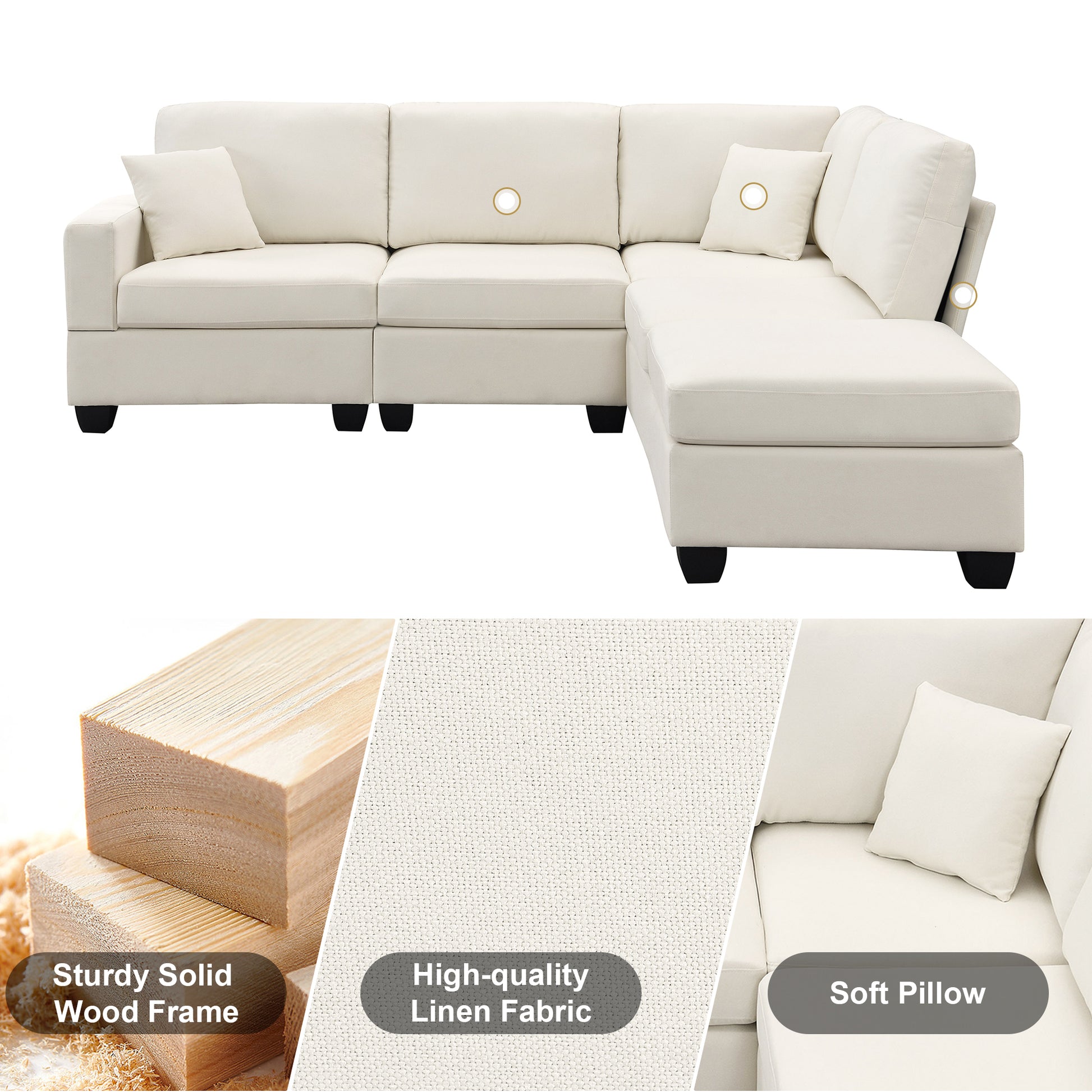 89.8*60.2" Modern Sectional Sofa,5 Seat Modular Couch Set With Convertible Ottoman,L Shape Linen Fabric Corner Couch Set With 2 Pillows For Living Room,Apartment,Office, 3 Colors Beige Linen