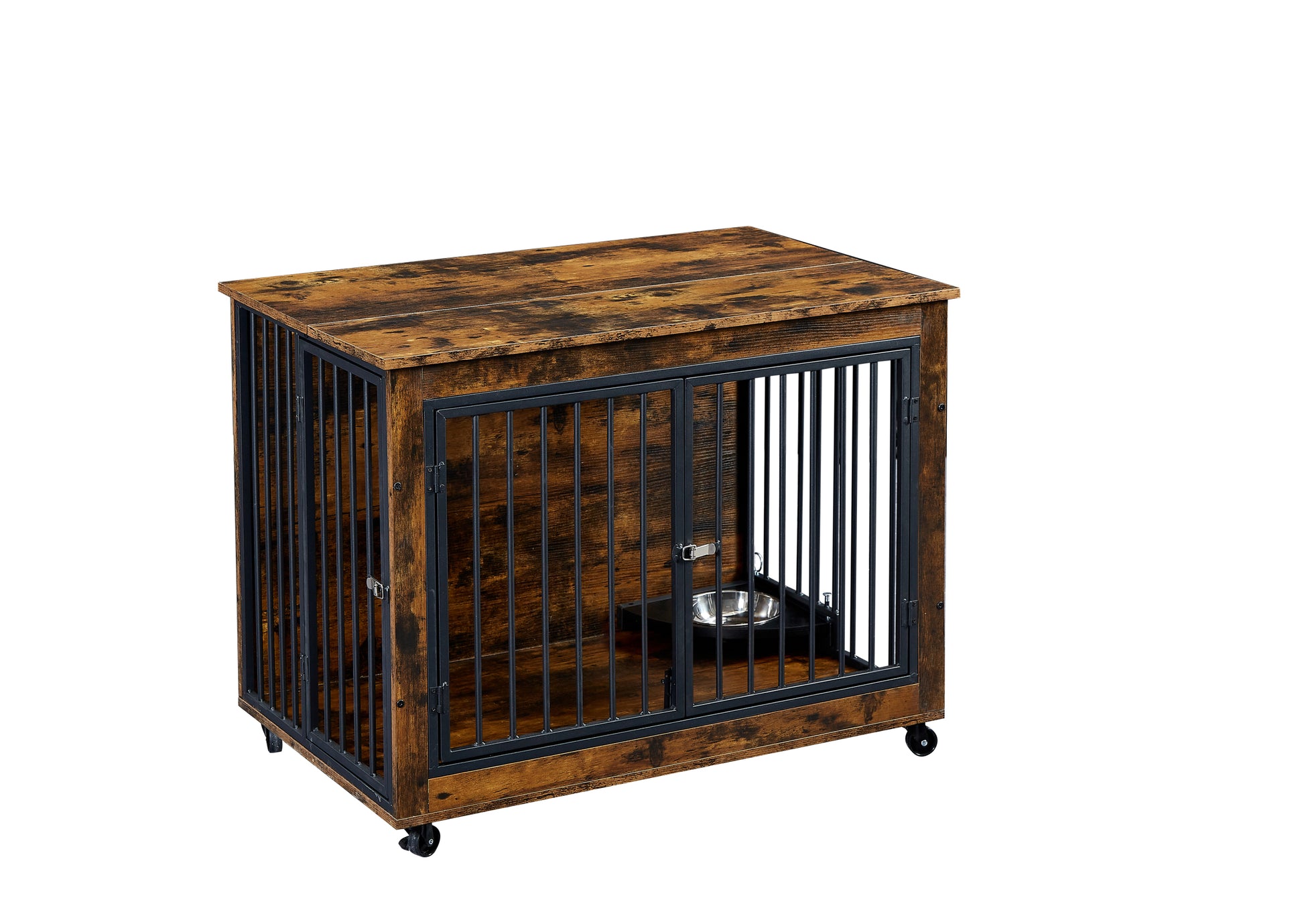 Furniture Style Dog Crate Side Table With Rotatable Feeding Bowl, Wheels, Three Doors, Flip Up Top Opening. Indoor, Rustic Brown, 38.58"W X 25.2"D X 27.17"H Rustic Brown Particle Board