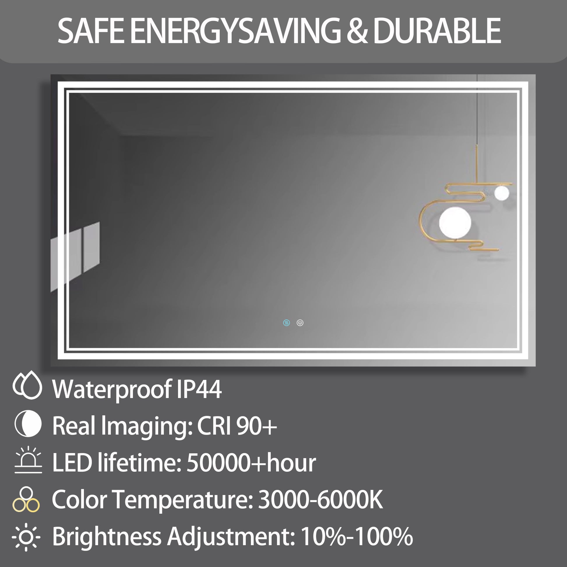 60 X 36 Led Mirror For Bathroom, Led Vanity Mirror, Adjustable 3 Color, Dimmable Vanity Mirror With Lights, Anti Fog, Touch Control Wall Mounted Bathroom Mirror,Vertical Natural Modern Glass