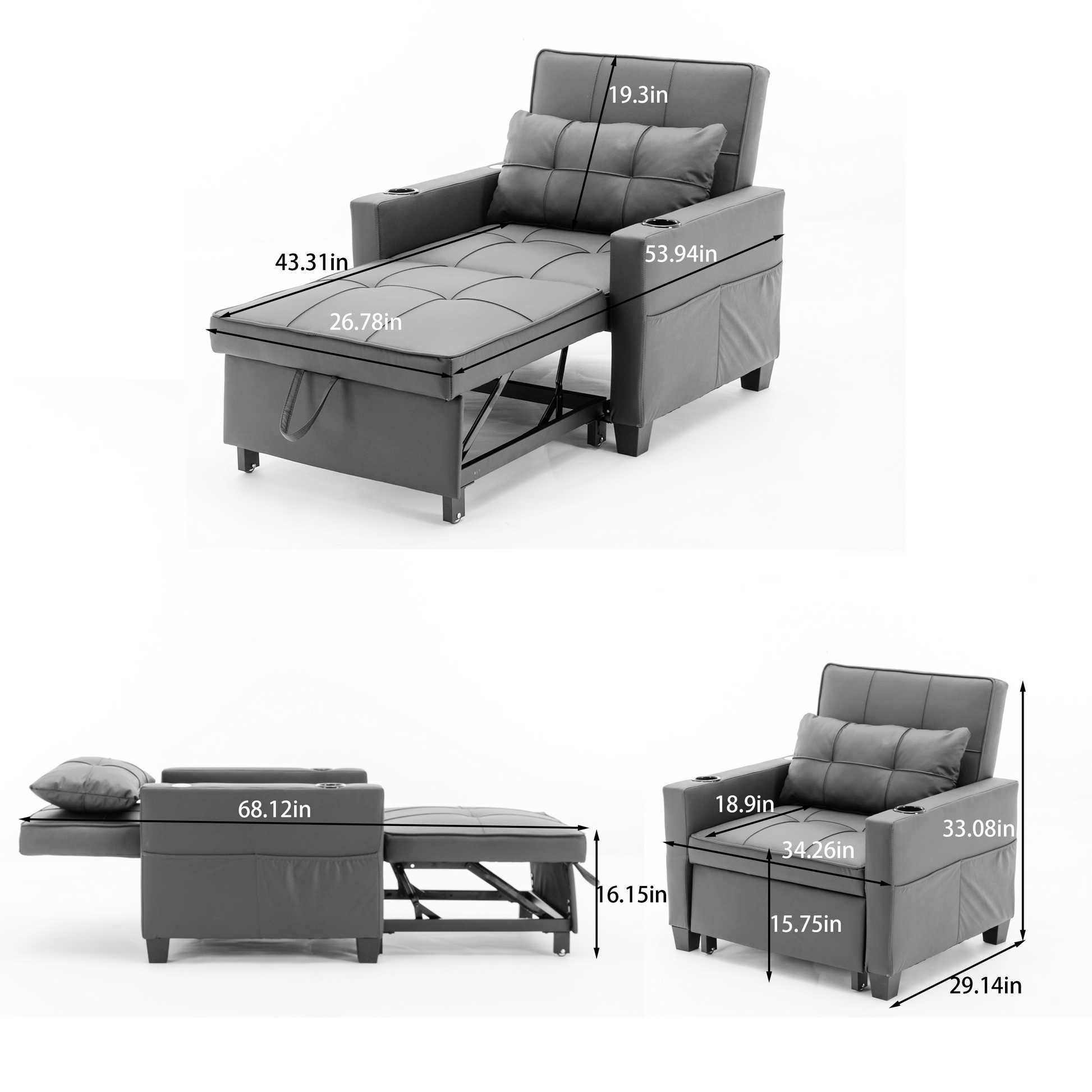 Futon Chair Bed Convertible Chair 3 In 1 Pull Out Sleeper Chair Beds With Usb Ports,Wear Resistant And Anti Scratch, Armchair Bed Sleeper For Living Room White Leather White Foam Leather 1 Seat