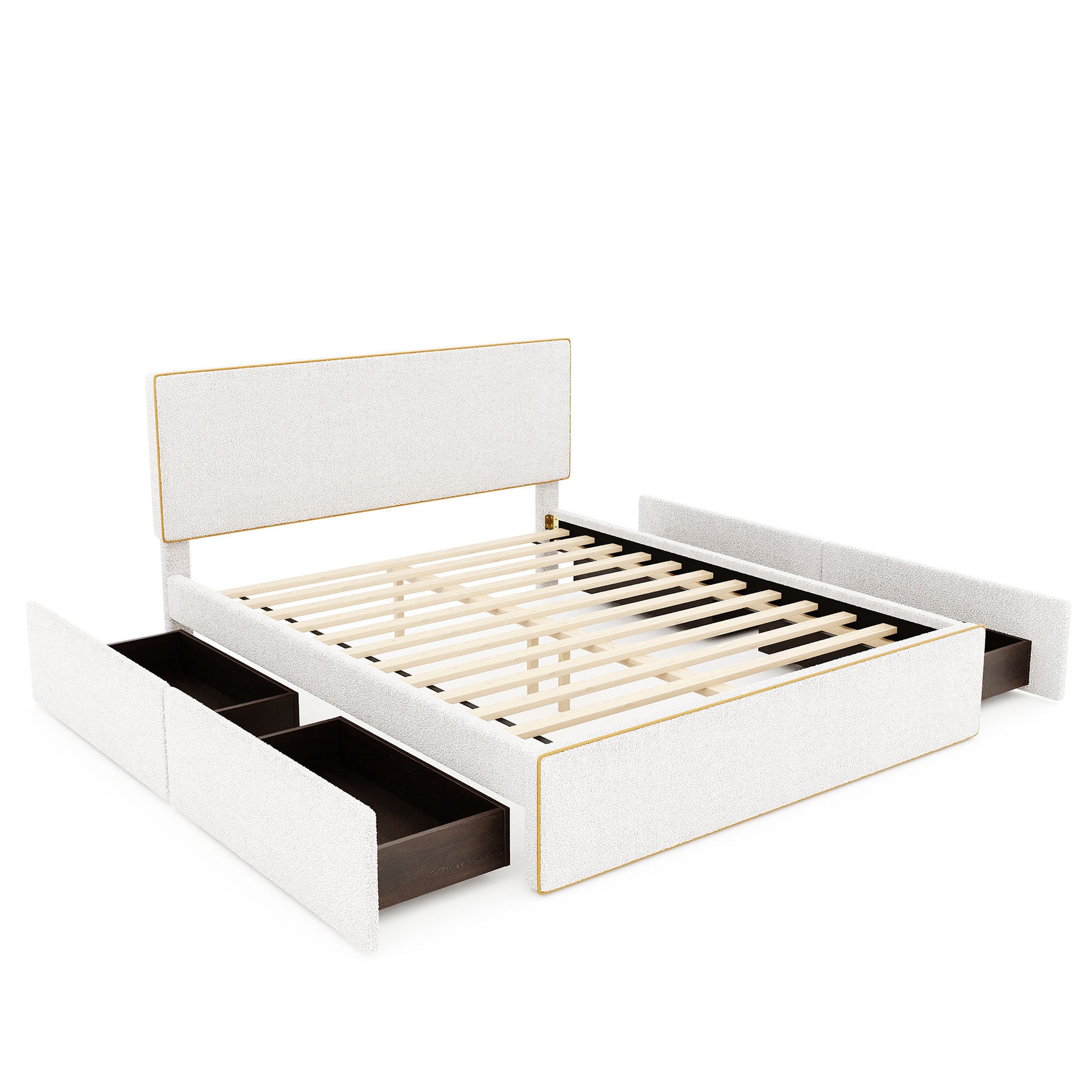 Queen Size Upholstered Platform Bed With 4 Drawers And Golden Edge On The Headboard & Footboard, White Queen White Upholstered