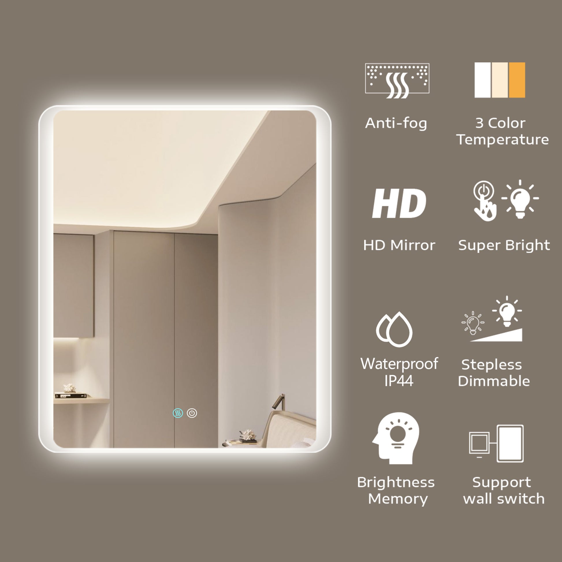 30 X 36 Led Mirror For Bathroom, Led Vanity Mirror, Adjustable 3 Color, Dimmable Vanity Mirror With Lights, Anti Fog, Touch Control Wall Mounted Bathroom Mirror,Vertical Natural Modern Glass