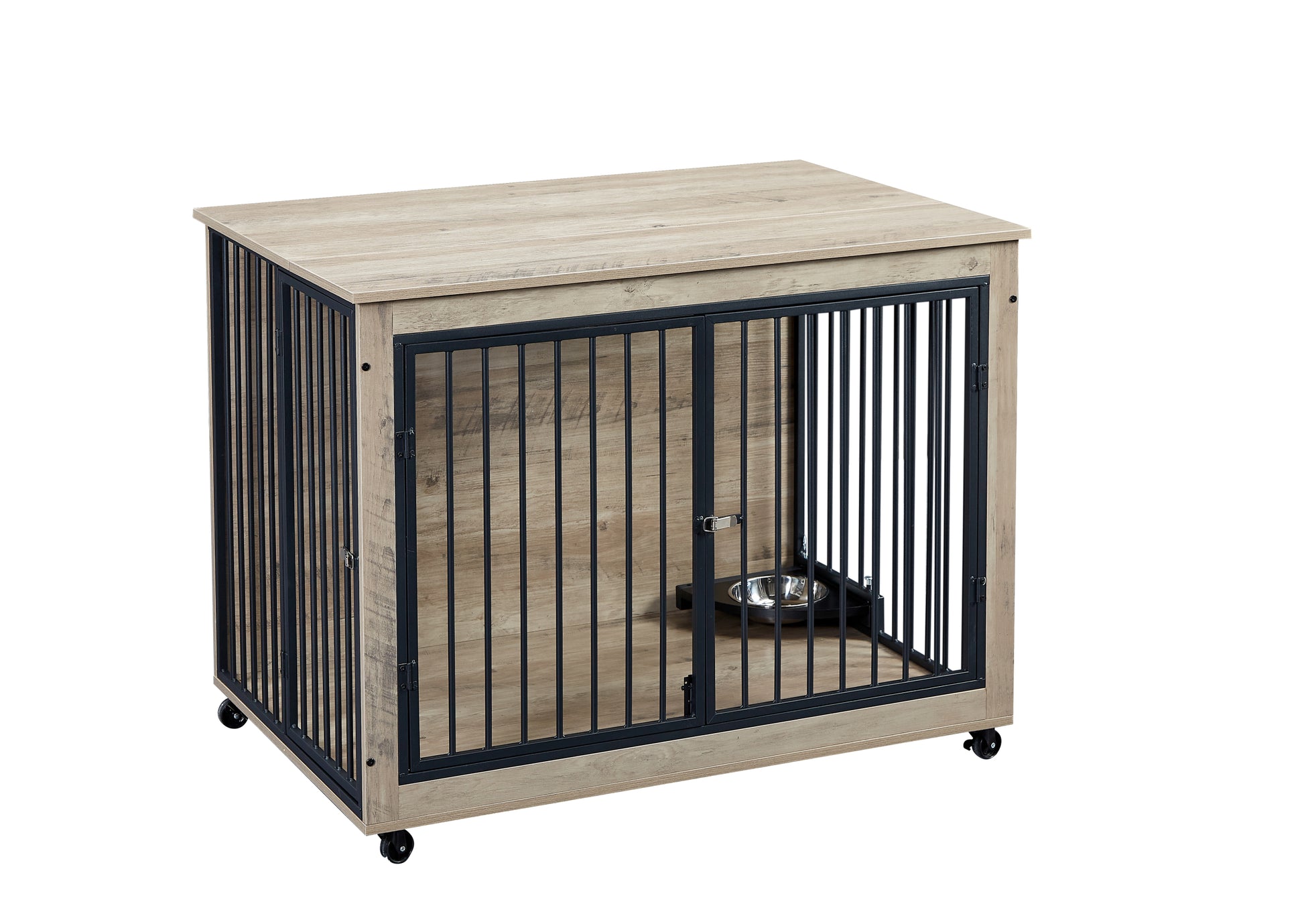 Furniture Style Dog Crate Side Table With Rotatable Feeding Bowl, Wheels, Three Doors, Flip Up Top Opening. Indoor, Grey, 43.7"W X 30"D X 33.7"H Grey Particle Board