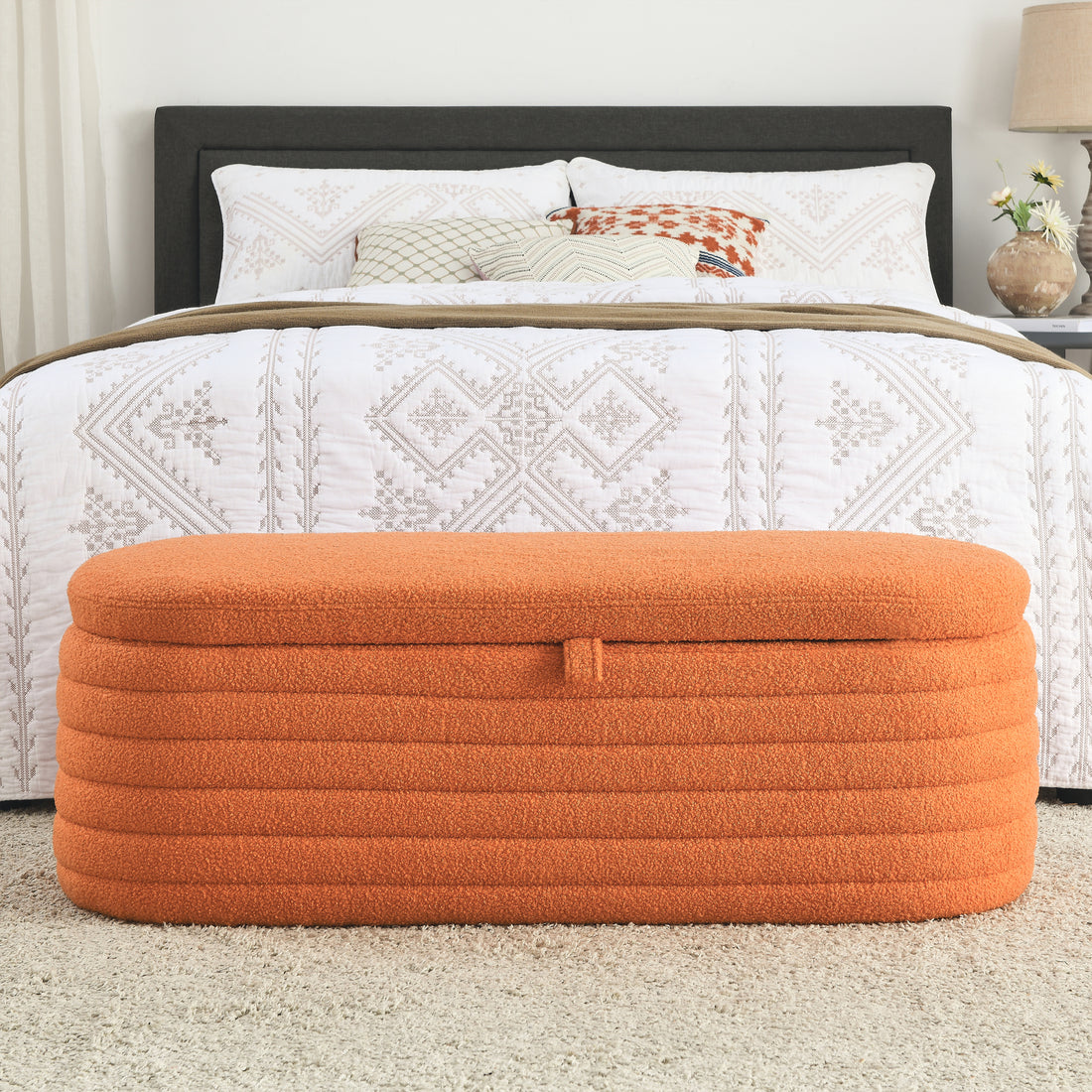 Video Welike Length 45.5 Inchesstorage Ottoman Bench Upholstered Fabric Storage Bench End Of Bed Stool With Safety Hinge For Bedroom, Living Room, Entryway, Orange Teddy. Orange Foam Fabric