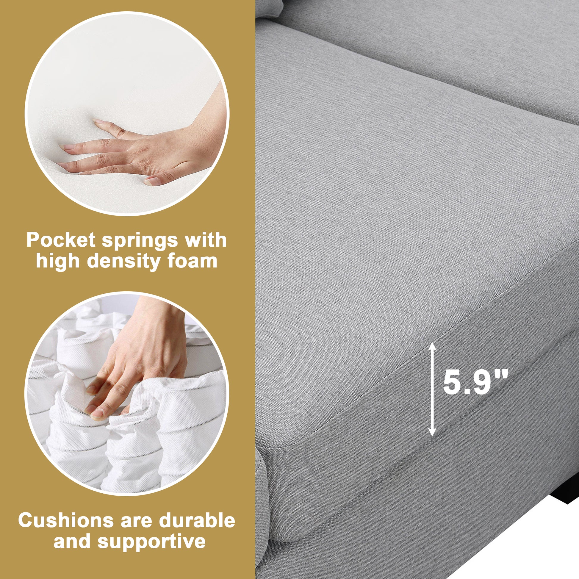 89.8*60.2" Modern Sectional Sofa,5 Seat Modular Couch Set With Convertible Ottoman,L Shape Linen Fabric Corner Couch Set With 2 Pillows For Living Room,Apartment,Office, 3 Colors Grey Linen