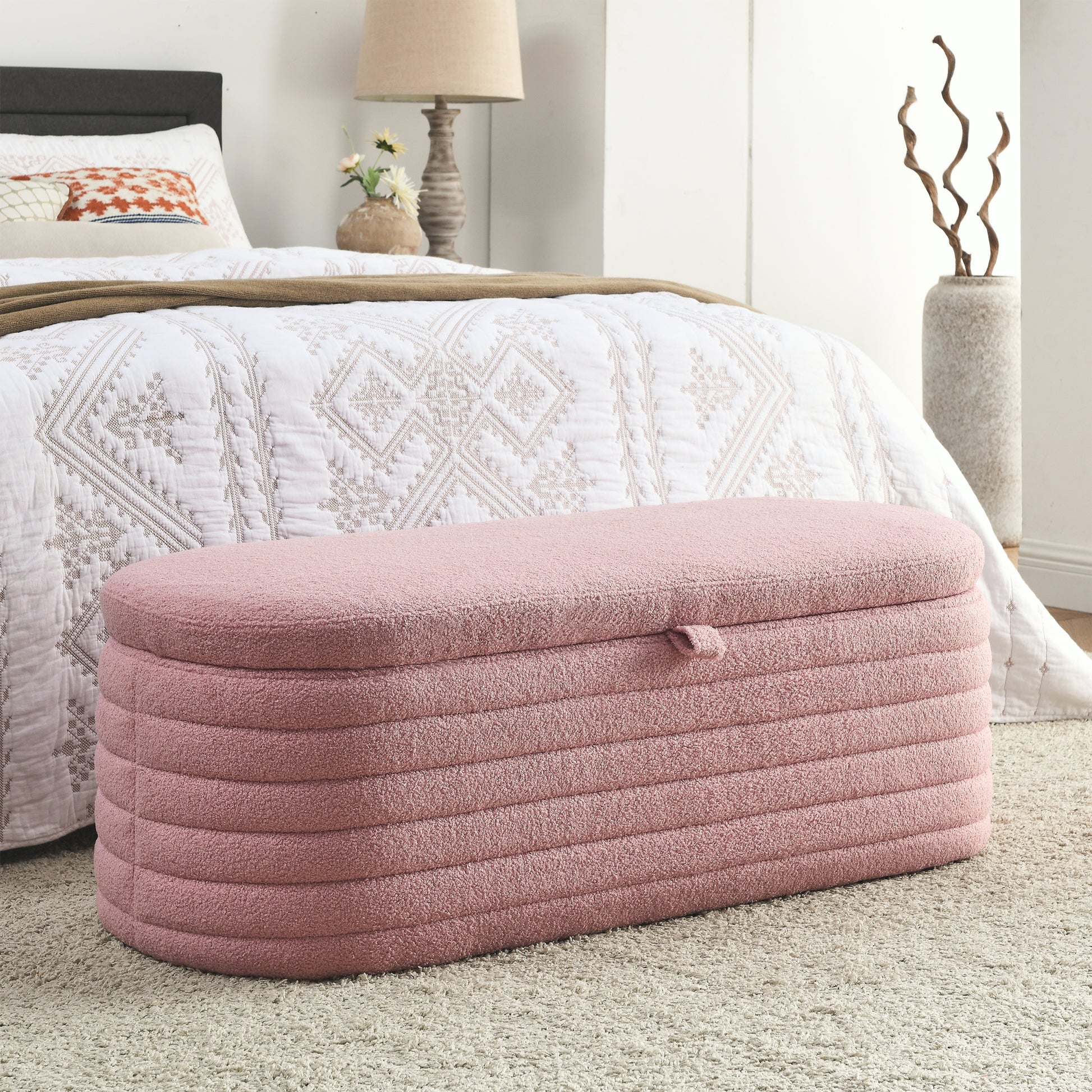 Video Welike Length 45.5 Inchesstorage Ottoman Bench Upholstered Fabric Storage Bench End Of Bed Stool With Safety Hinge For Bedroom, Living Room, Entryway, Pink Teddy. Pink Teddy Foam Fabric