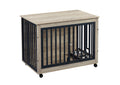 Furniture Style Dog Crate Side Table With Feeding Bowl, Wheels, Three Doors, Flip Up Top Opening. Indoor, Grey, 38.58