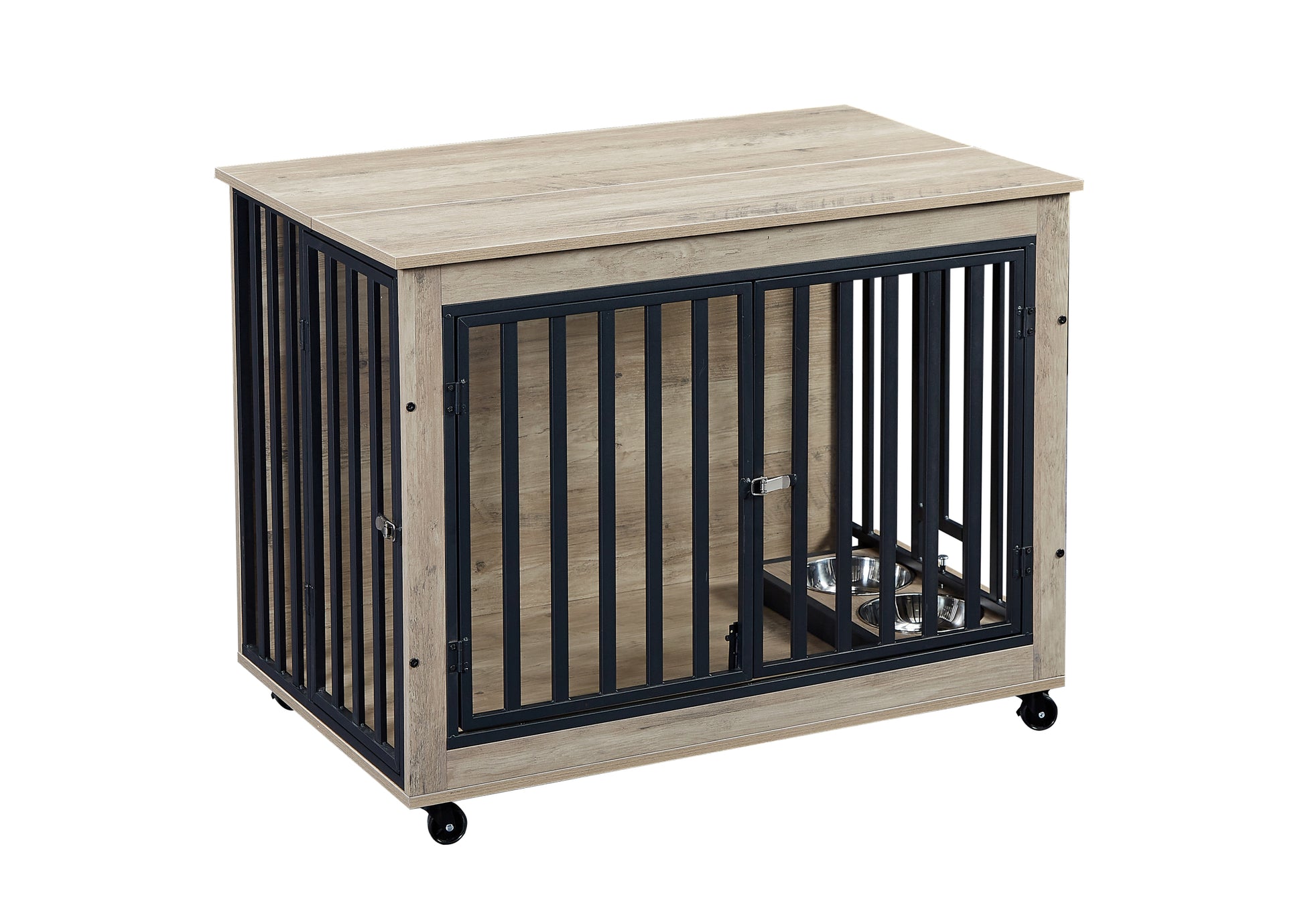 Furniture Style Dog Crate Side Table With Feeding Bowl, Wheels, Three Doors, Flip Up Top Opening. Indoor, Grey, 38.58"W X 25.2"D X 27.17"H Grey Particle Board