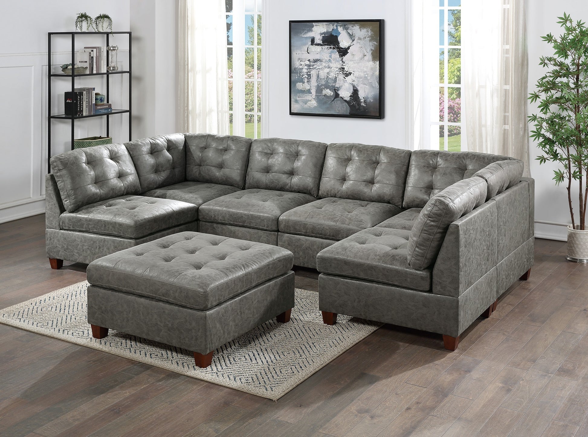 Living Room Furniture Antique Grey Modular Sectional 7Pc Set Tufted Couch 2X Corner Wedge 4X Armless Chairs And 1X Ottoman U Shaped Antique Gray Wood Primary Living Space Tufted Back Contemporary,Modern,Transitional Modular Faux Leather 7 Seat