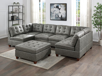 Living Room Furniture Antique Grey Modular Sectional 7Pc Set Tufted Couch 2X Corner Wedge 4X Armless Chairs And 1X Ottoman U Shaped Antique Gray Wood Primary Living Space Tufted Back Contemporary,Modern,Transitional Modular Faux Leather 7 Seat