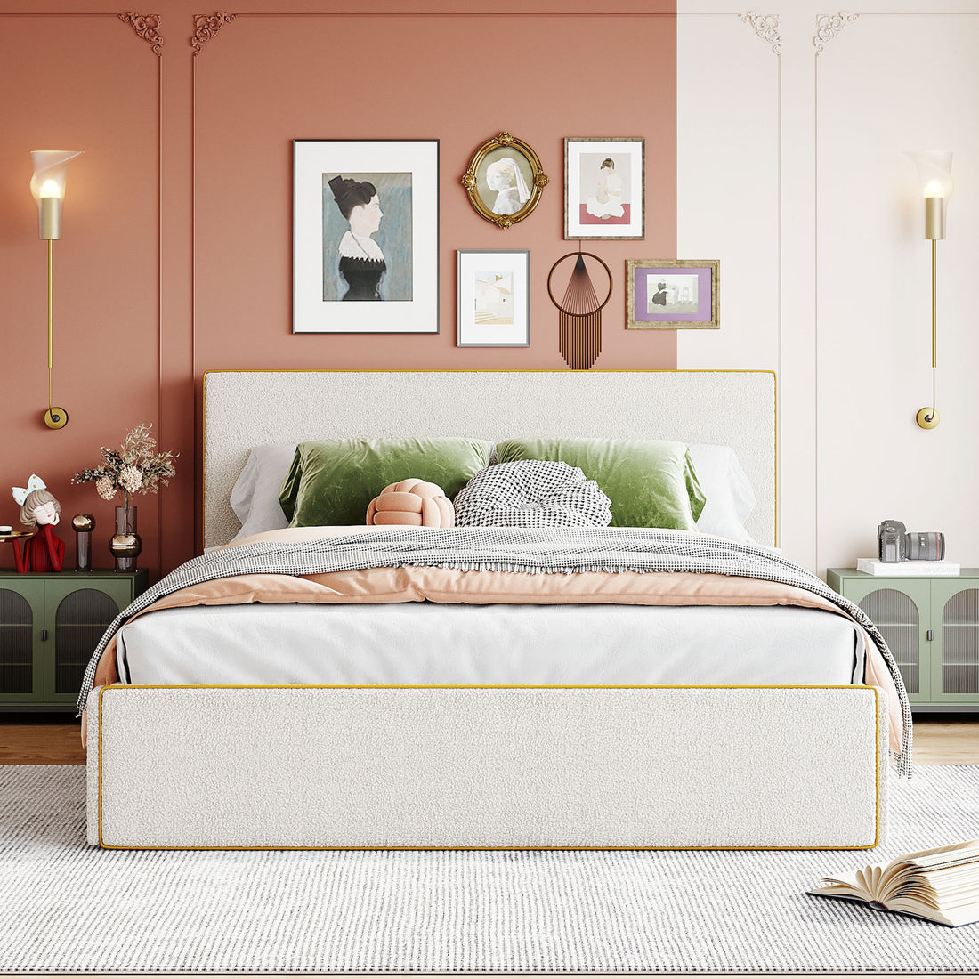 Queen Size Upholstered Platform Bed With 4 Drawers And Golden Edge On The Headboard & Footboard, White Queen White Upholstered