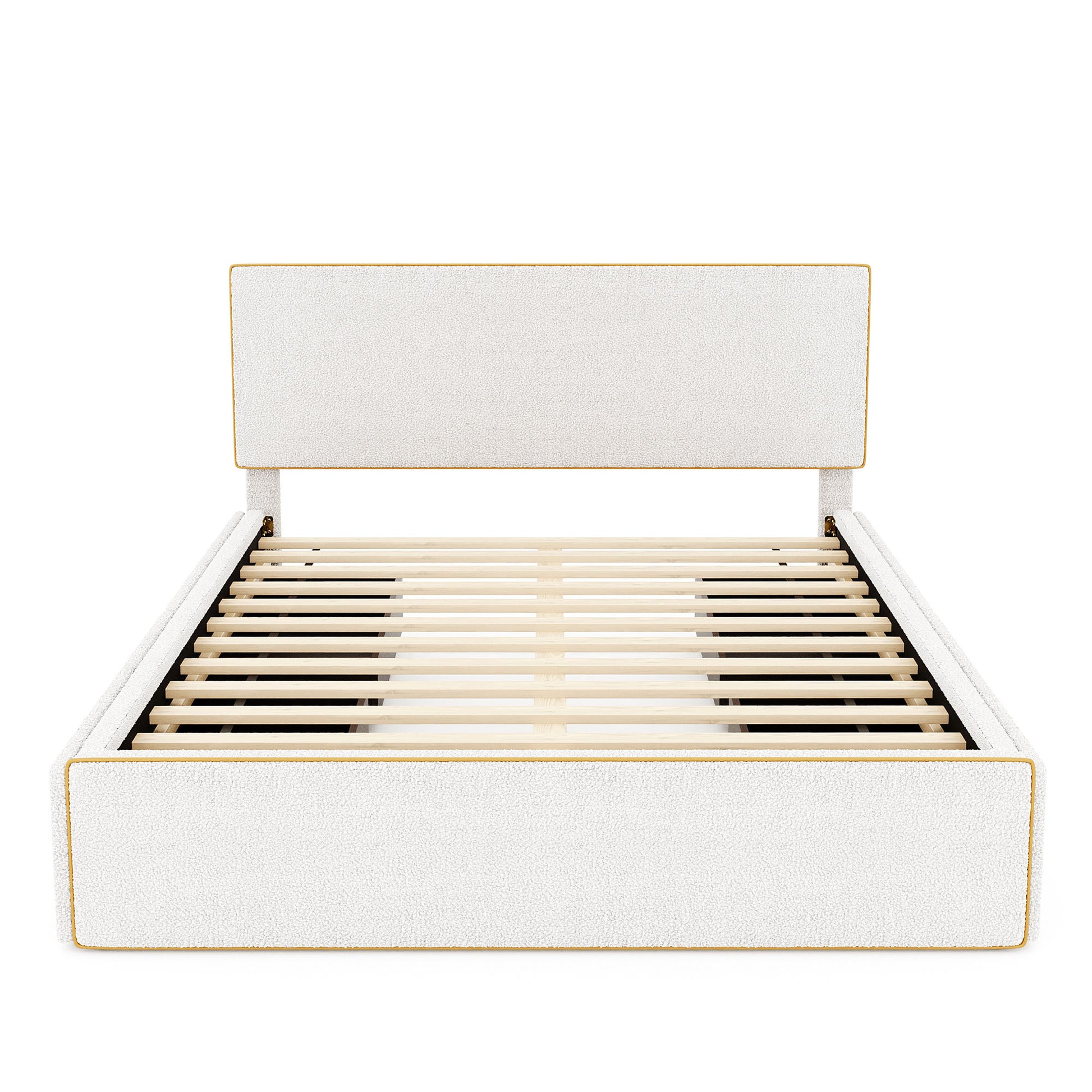 Queen Size Upholstered Platform Bed With 4 Drawers And Golden Edge On The Headboard & Footboard, White Queen White Upholstered