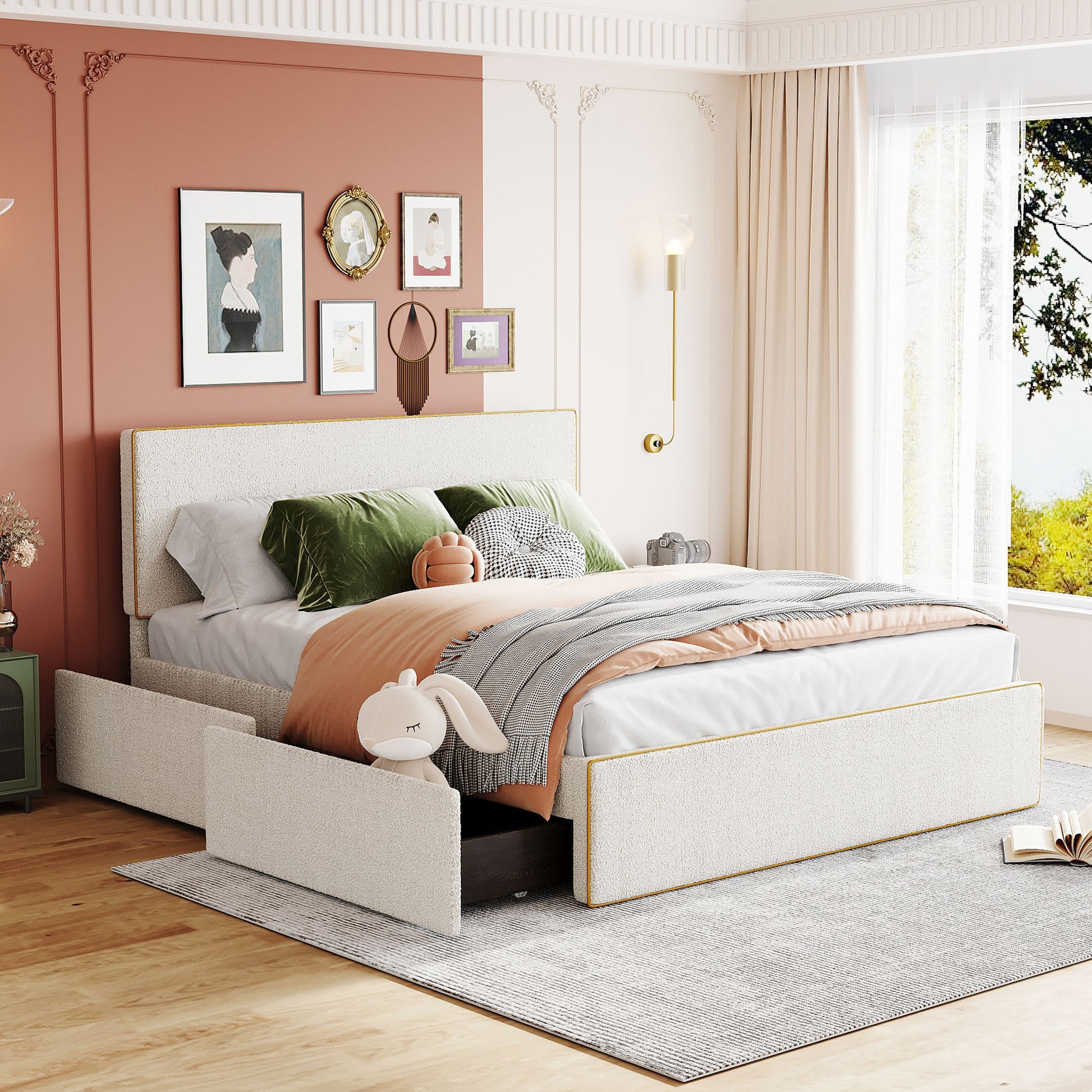 Queen Size Upholstered Platform Bed With 4 Drawers And Golden Edge On The Headboard & Footboard, White Queen White Upholstered