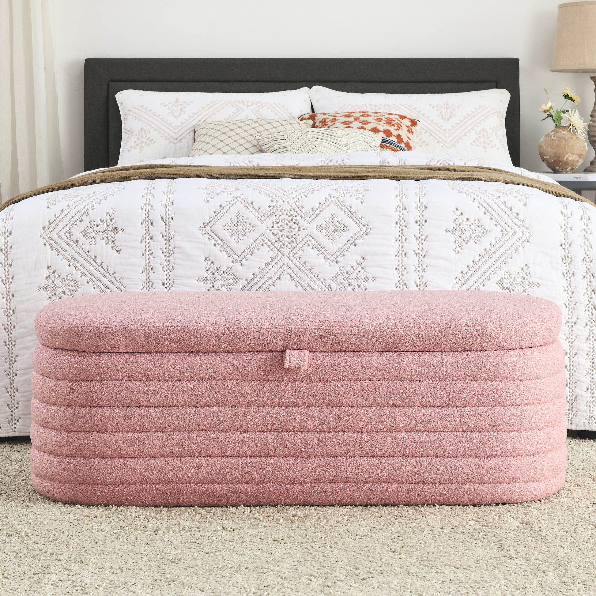 Video Welike Length 45.5 Inchesstorage Ottoman Bench Upholstered Fabric Storage Bench End Of Bed Stool With Safety Hinge For Bedroom, Living Room, Entryway, Pink Teddy. Pink Teddy Foam Fabric