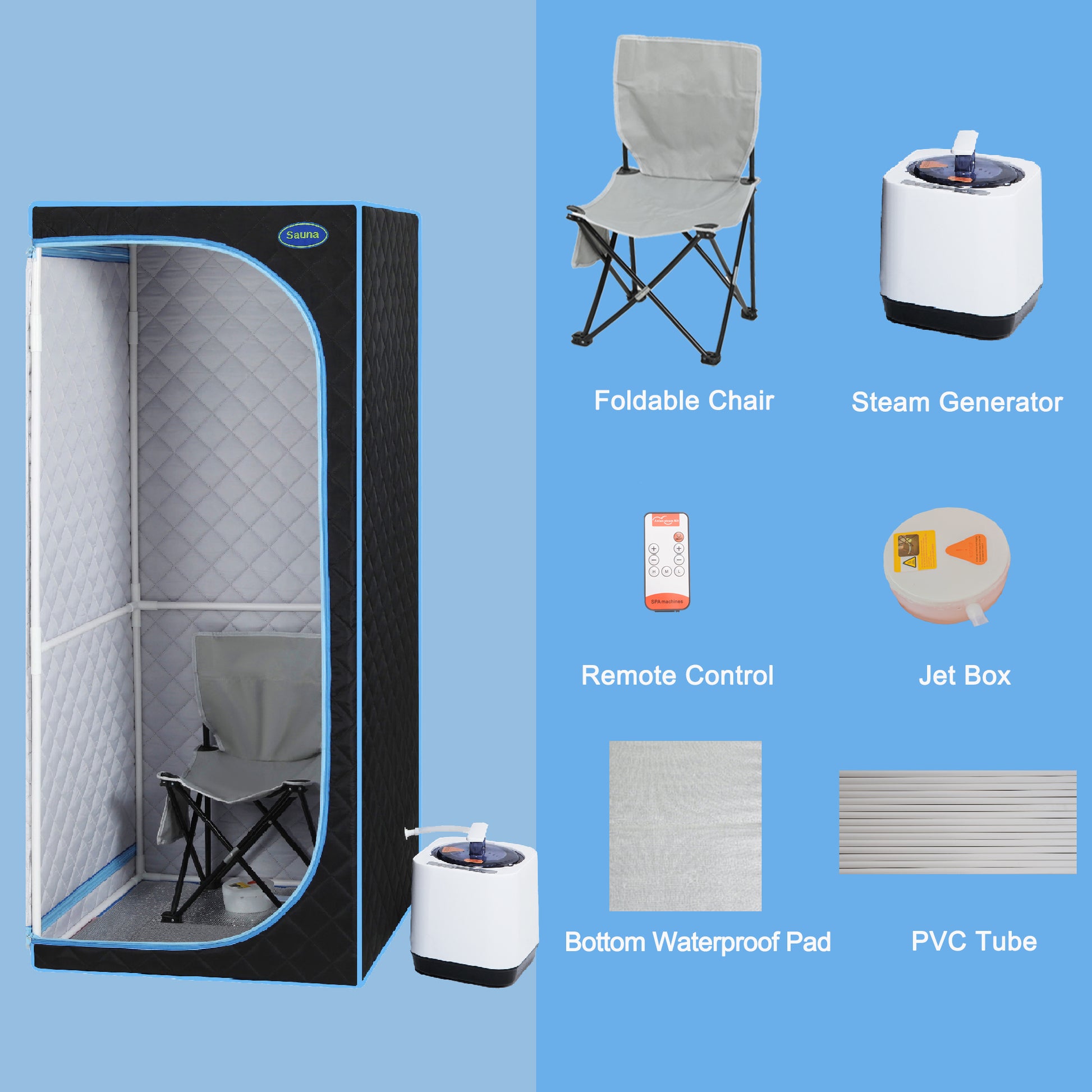 Full Size Portable Black Steam Sauna Tent Personal Home Spa, With Steam Generator, Remote Control, Foldable Chair, Timer And Pvc Pipe Connector Easy To Install.Fast Heating, With Fcc Certification Black Polyester