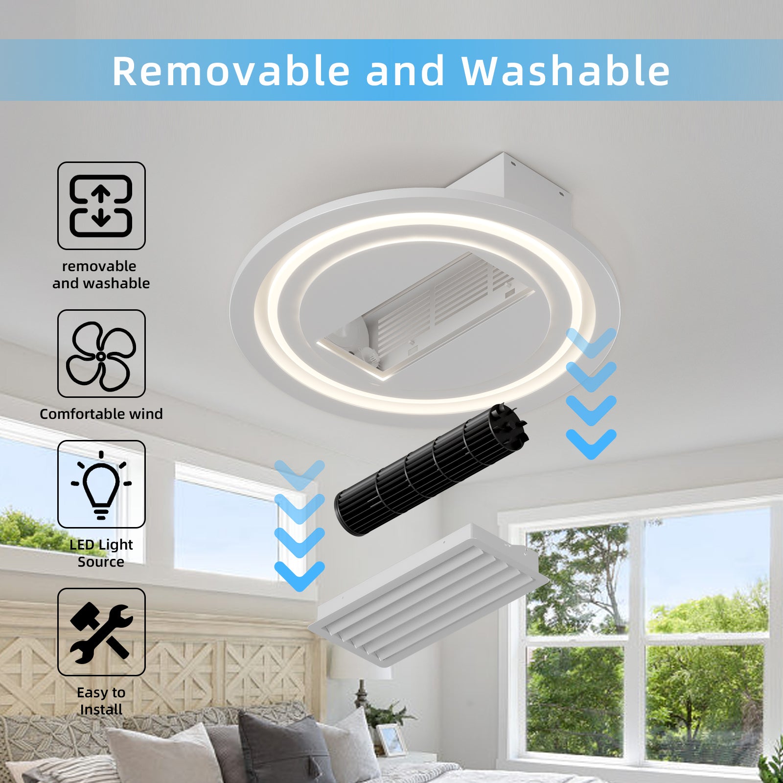 22Inch Modern Leafless Ceiling Fan With Remote Control Removable And Washable, Reversible Motor White Modern Iron