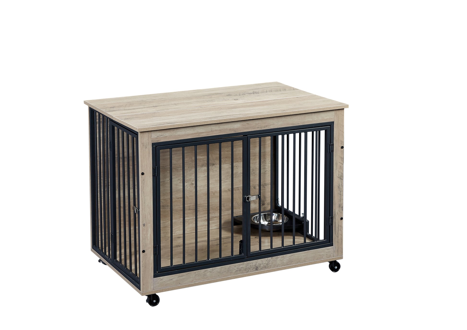 Furniture Style Dog Crate Side Table With Rotatable Feeding Bowl, Wheels, Three Doors, Flip Up Top Opening. Indoor, Grey, 38.58"W X 25.2"D X 27.17"H Grey Particle Board