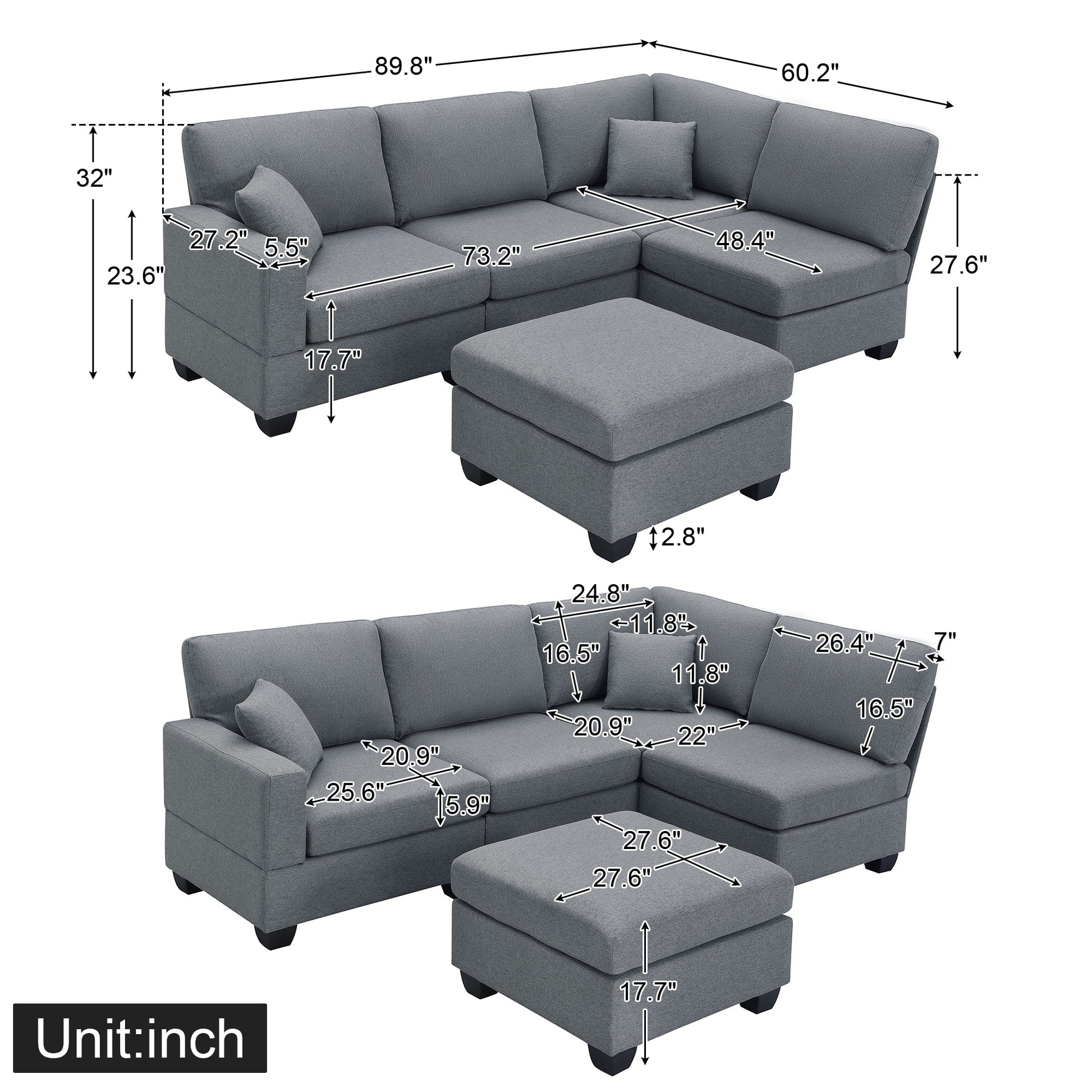 89.8*60.2" Modern Sectional Sofa,5 Seat Modular Couch Set With Convertible Ottoman,L Shape Linen Fabric Corner Couch Set With 2 Pillows For Living Room,Apartment,Office, 3 Colors Dark Grey Linen