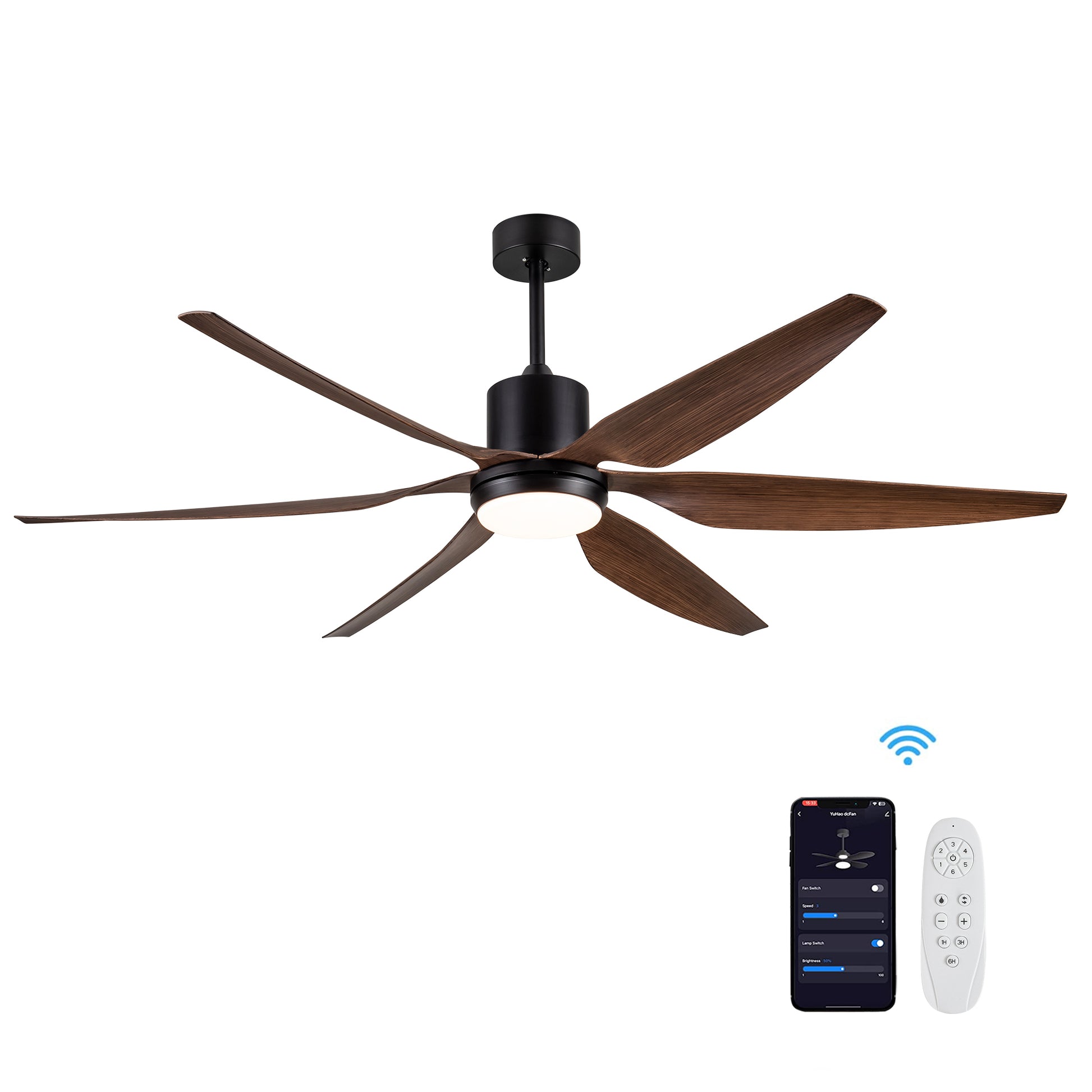 66" Vintage Ceiling Fan Lighting With Brown Blades In Integrated Led Black Brown Abs