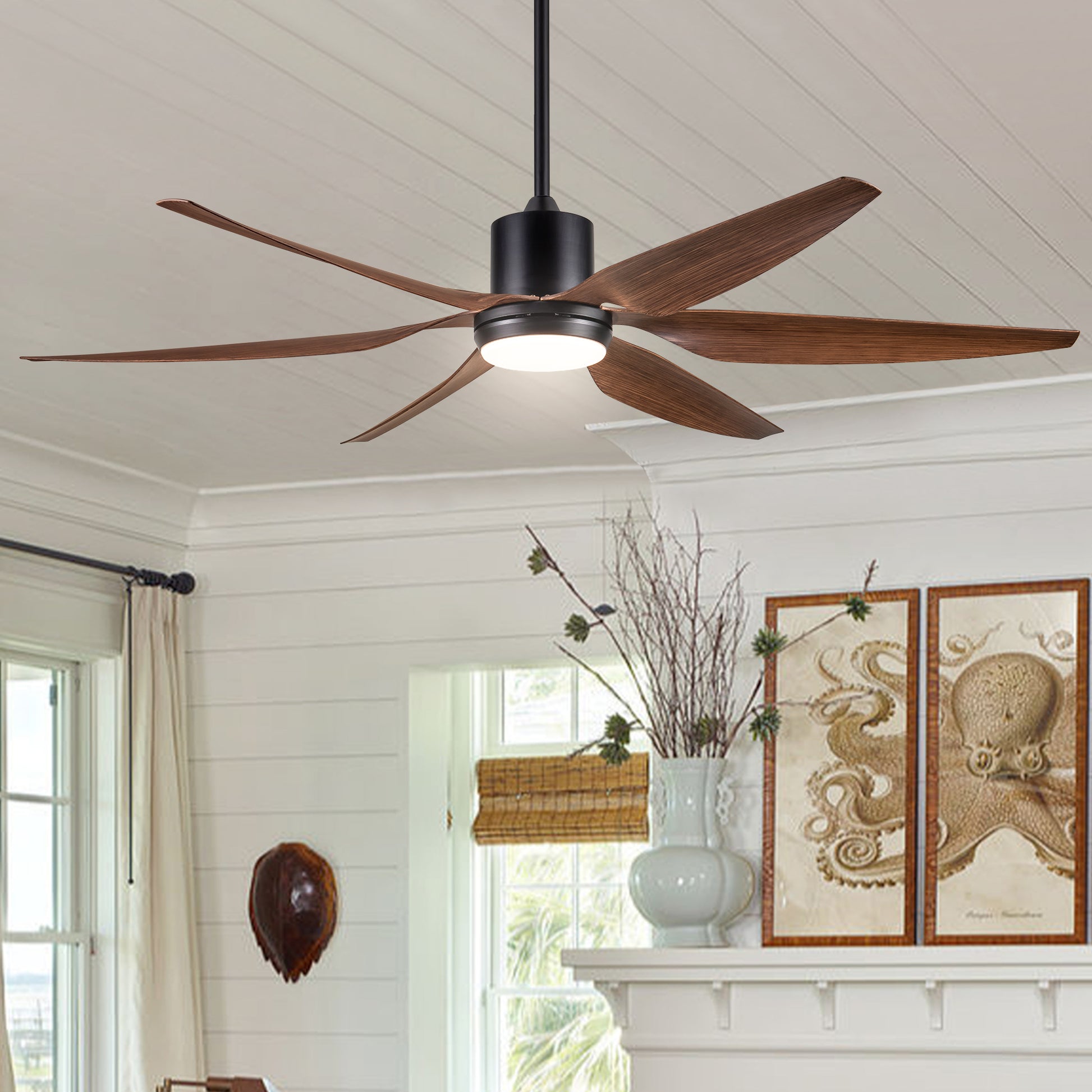 66" Vintage Ceiling Fan Lighting With Brown Blades In Integrated Led Black Brown Abs