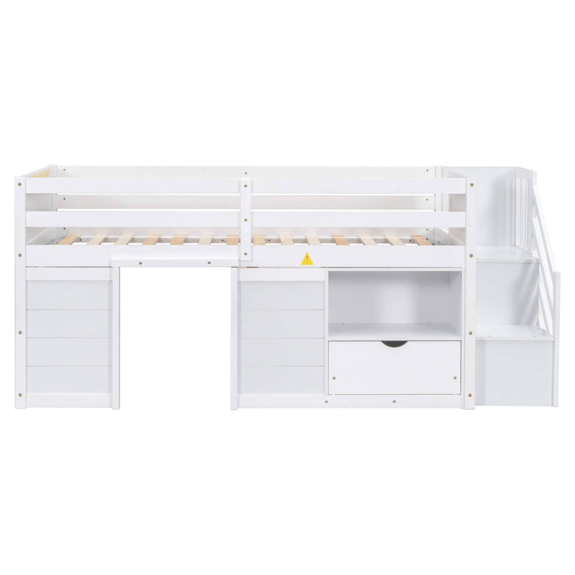 Twin Bed, Solid Wood Twin Size Low Loft Bed With Stair, Drawer, And Shelf Of White Color Twin White Pine