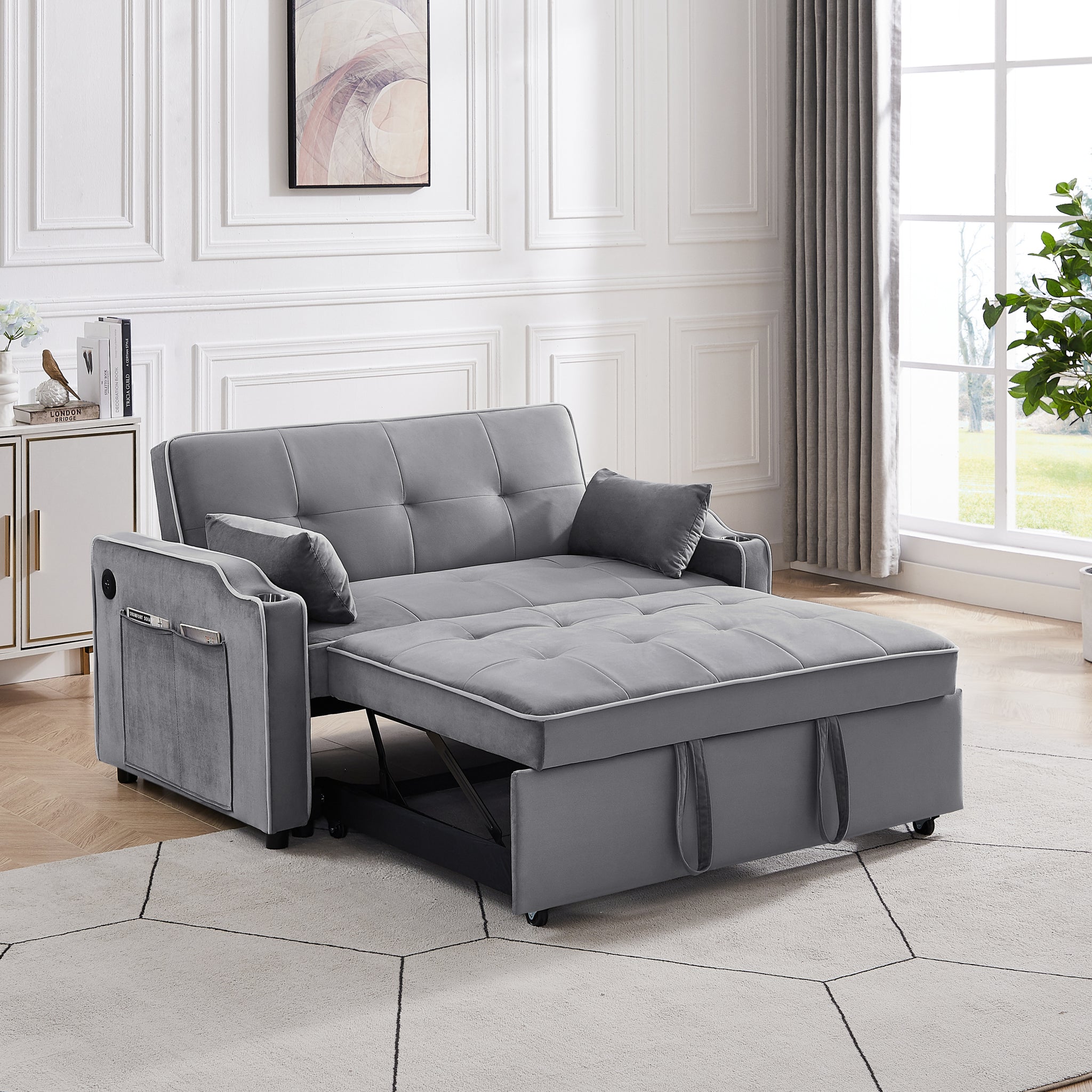 Sofa Bed, 3 In 1 Convertible Sofa Chair Bed, Adjustable Backrest Chair, Chaise Lounge With Usb Ports, Cup Holder, Side Pocket,Gray Gray Velvet