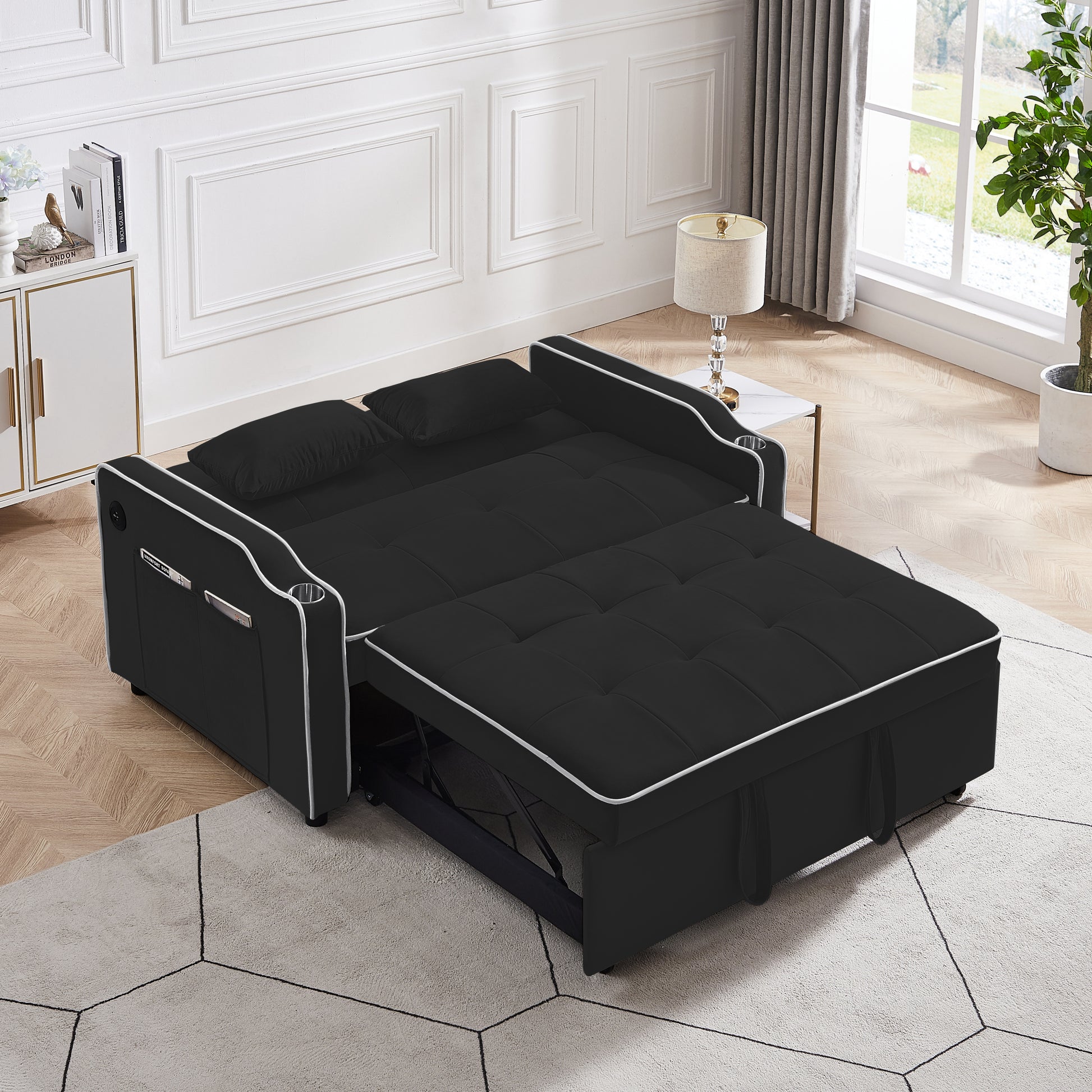 Sofa Bed, 3 In 1 Convertible Sofa Chair Bed, Adjustable Backrest Chair, Chaise Lounge With Usb Ports, Cup Holder, Side Pocket,Black Black Velvet