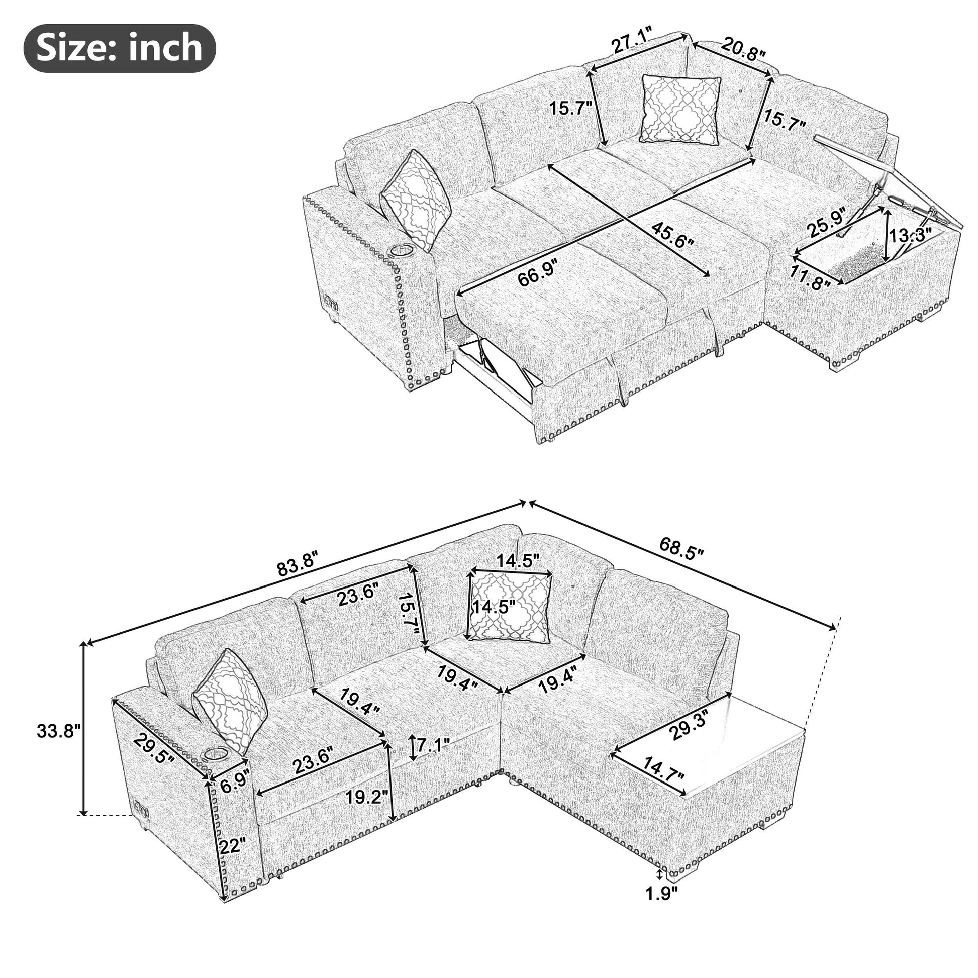 83.8" Sectional Pull Out Sofa Bed L Shaped Corner Sofa Couch With Storage Chaise, Usb Ports, Power Sockets, Cup Holder For Living Room, Bedroom, Study, Light Gray Light Grey Foam Chenille