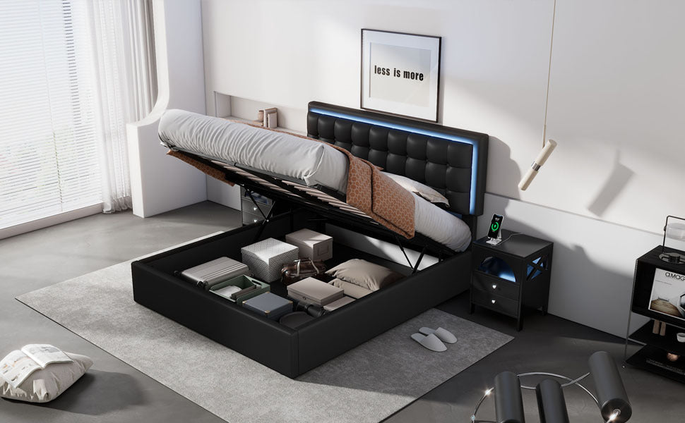Queen Size Tufted Upholstered Platform Bed With Hydraulic Storage System,Pu Storage Bed With Led Lights,Black Black Pu