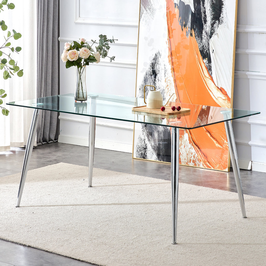 Modern Minimalist Rectangular Glass Dining Table, 0.4 Inch Thick Transparent Tempered Glass Tabletop And Silver Metal Legs, Suitable For Kitchens, Restaurants, And Living Rooms 63"*35.4"*30" Transparent Glass