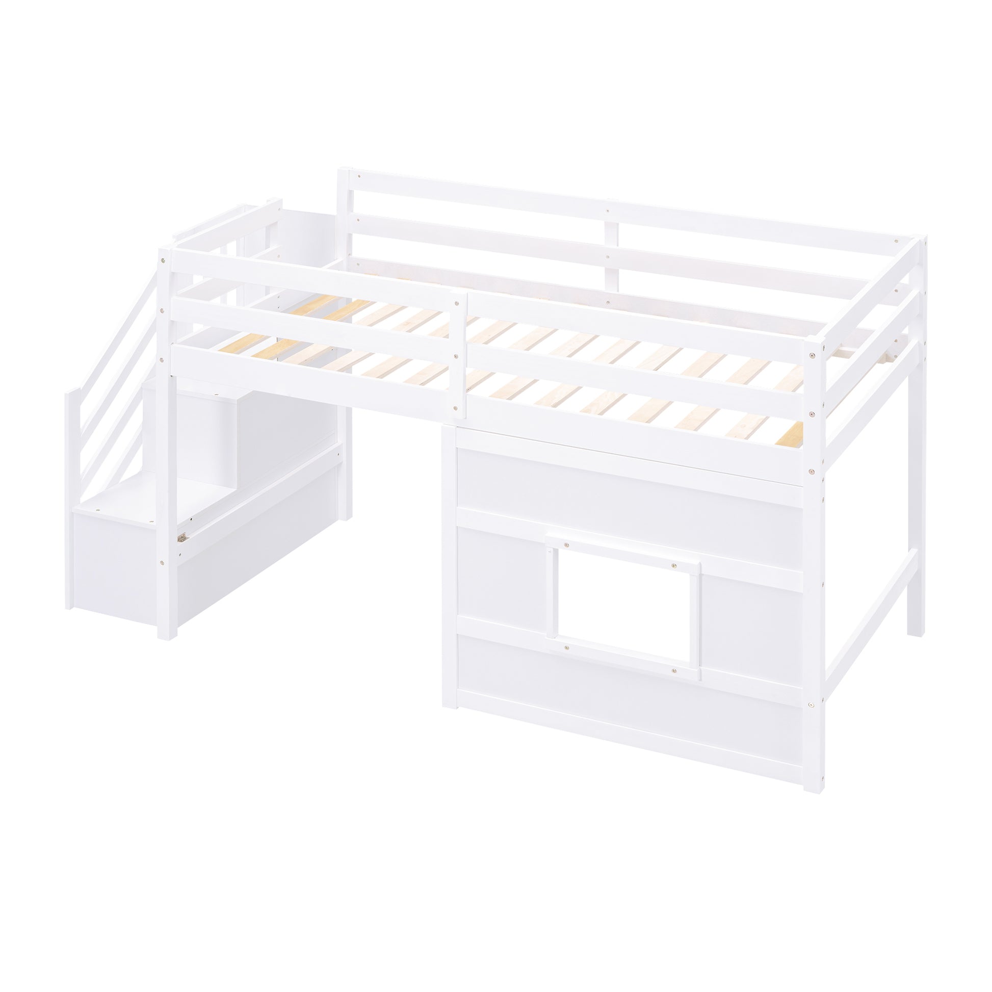 Twin Size Loft Bed With Storage Staircase And Window, White Box Spring Not Required Twin White Wood Bedroom Solid Wood Mdf