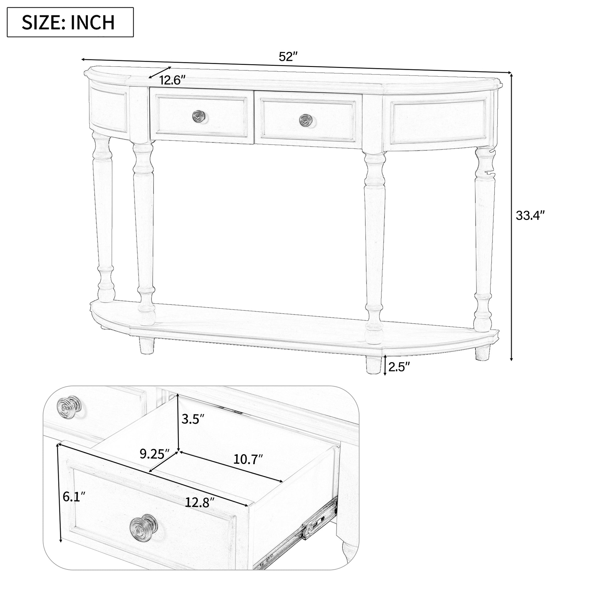 Retro Circular Curved Design Console Table With Open Style Shelf Solid Wooden Frame And Legs Two Top Drawers Gray Wash, Old Sku: Wf298768Aae Gray Wash Solid Wood