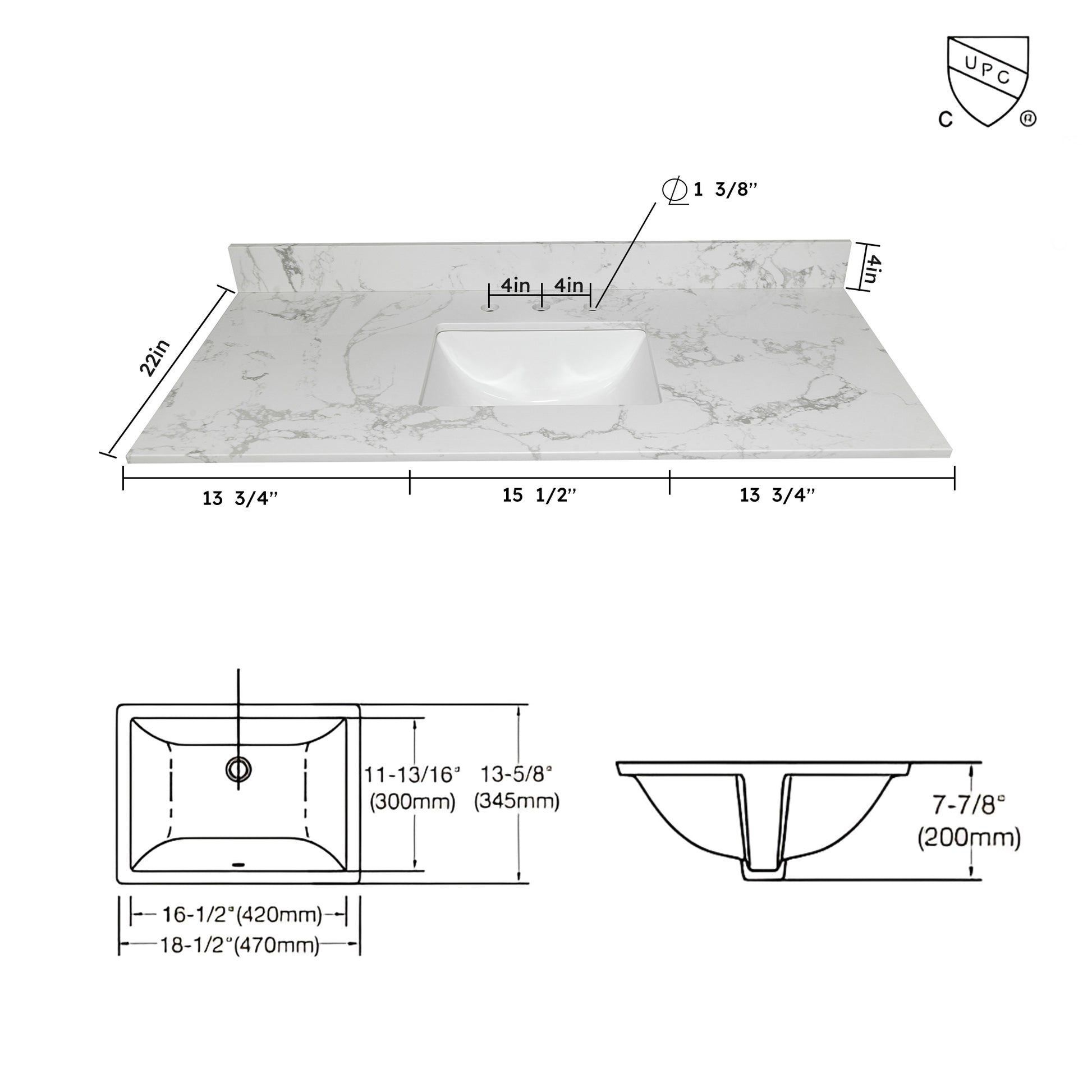 43X22 Bathroom Stone Vanity Top Engineered Stone Carrara White Marble Color With Rectangle Undermount Ceramic Sink And 3 Faucet Hole With Back Splash . Gray Stone