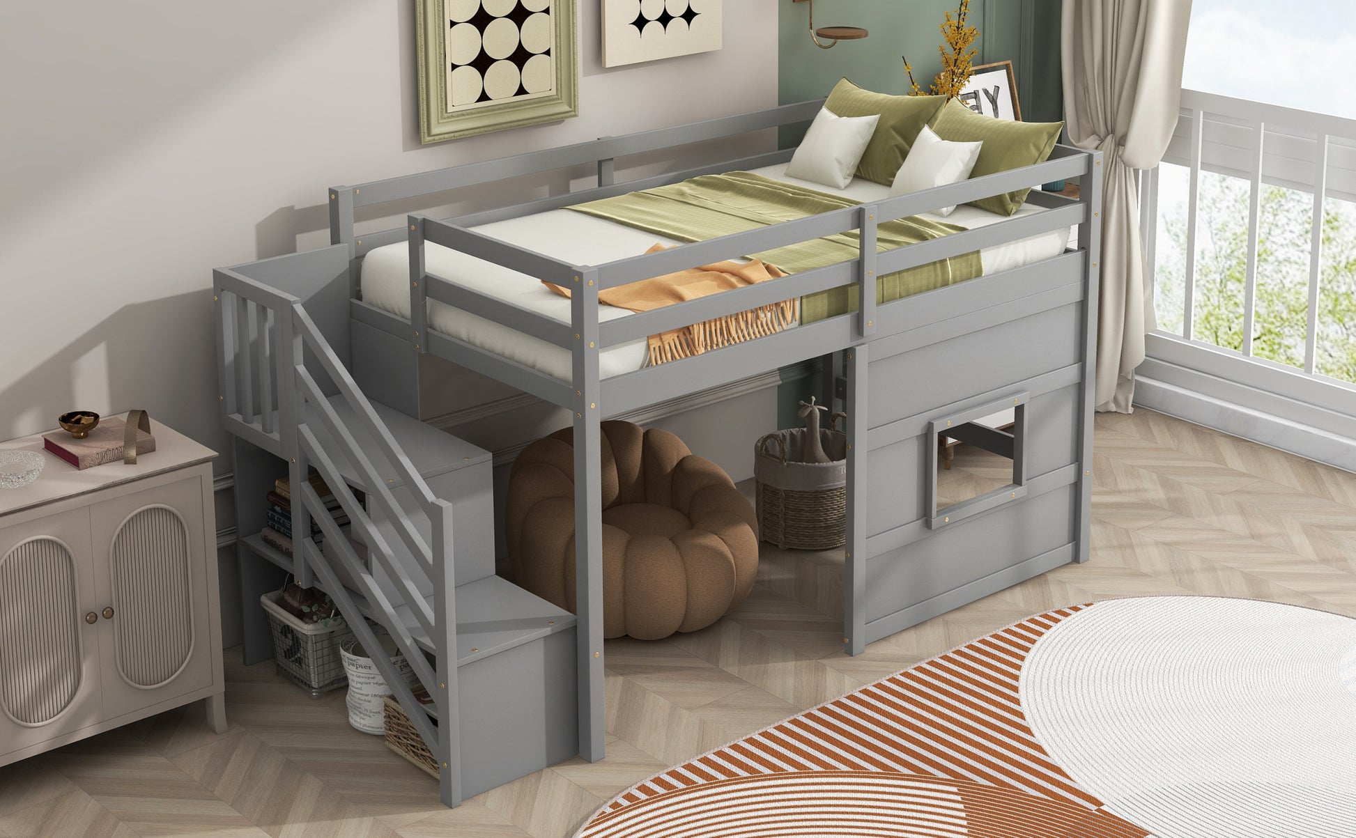 Twin Size Loft Bed With Storage Staircase And Window, Gray Box Spring Not Required Twin Gray Wood Bedroom Solid Wood Mdf