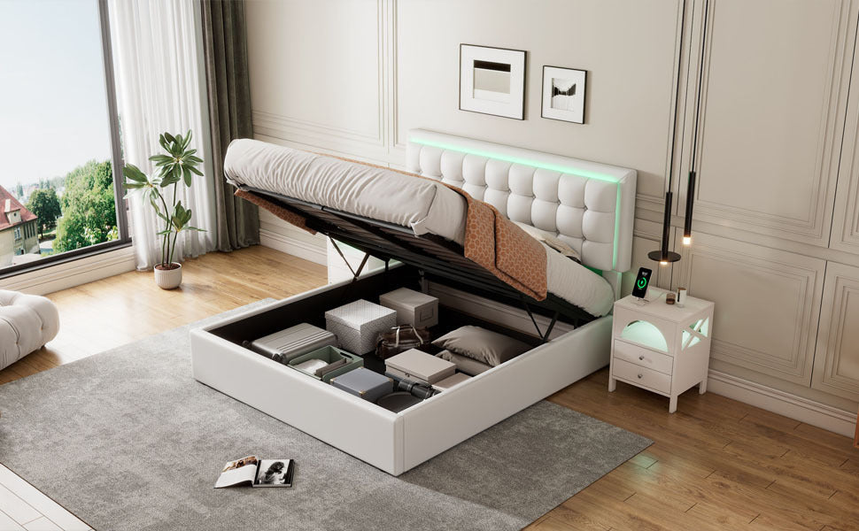 Queen Size Tufted Upholstered Platform Bed With Hydraulic Storage System,Pu Storage Bed With Led Lights,White White Pu