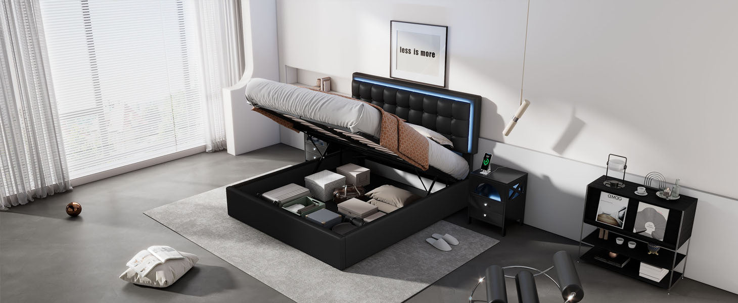 Queen Size Tufted Upholstered Platform Bed With Hydraulic Storage System,Pu Storage Bed With Led Lights,Black Black Pu
