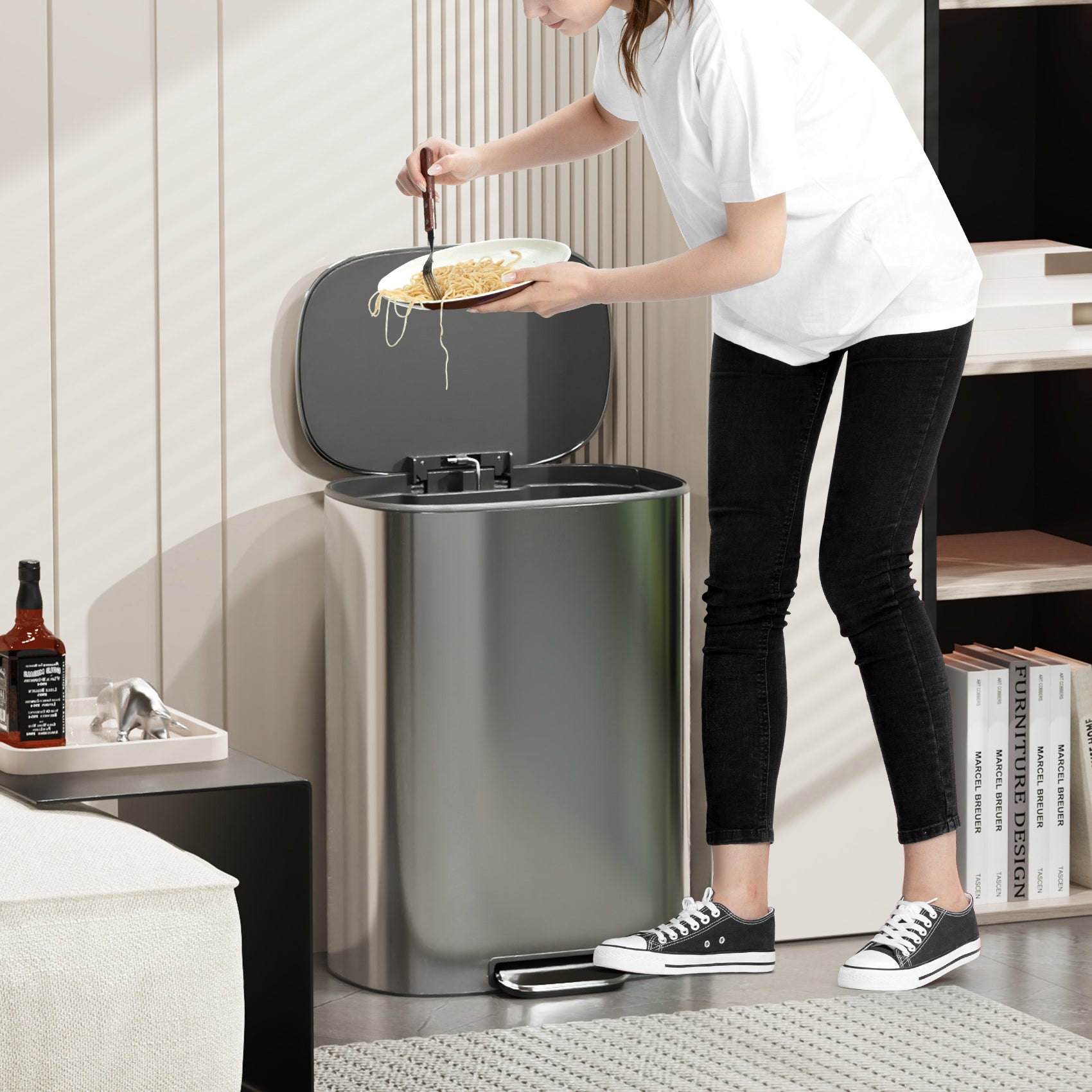 13 Gallon 50L Kitchen Foot Pedal Operated Soft Close Trash Can Stainless Steel Ellipse Bustbin S Silver Steel