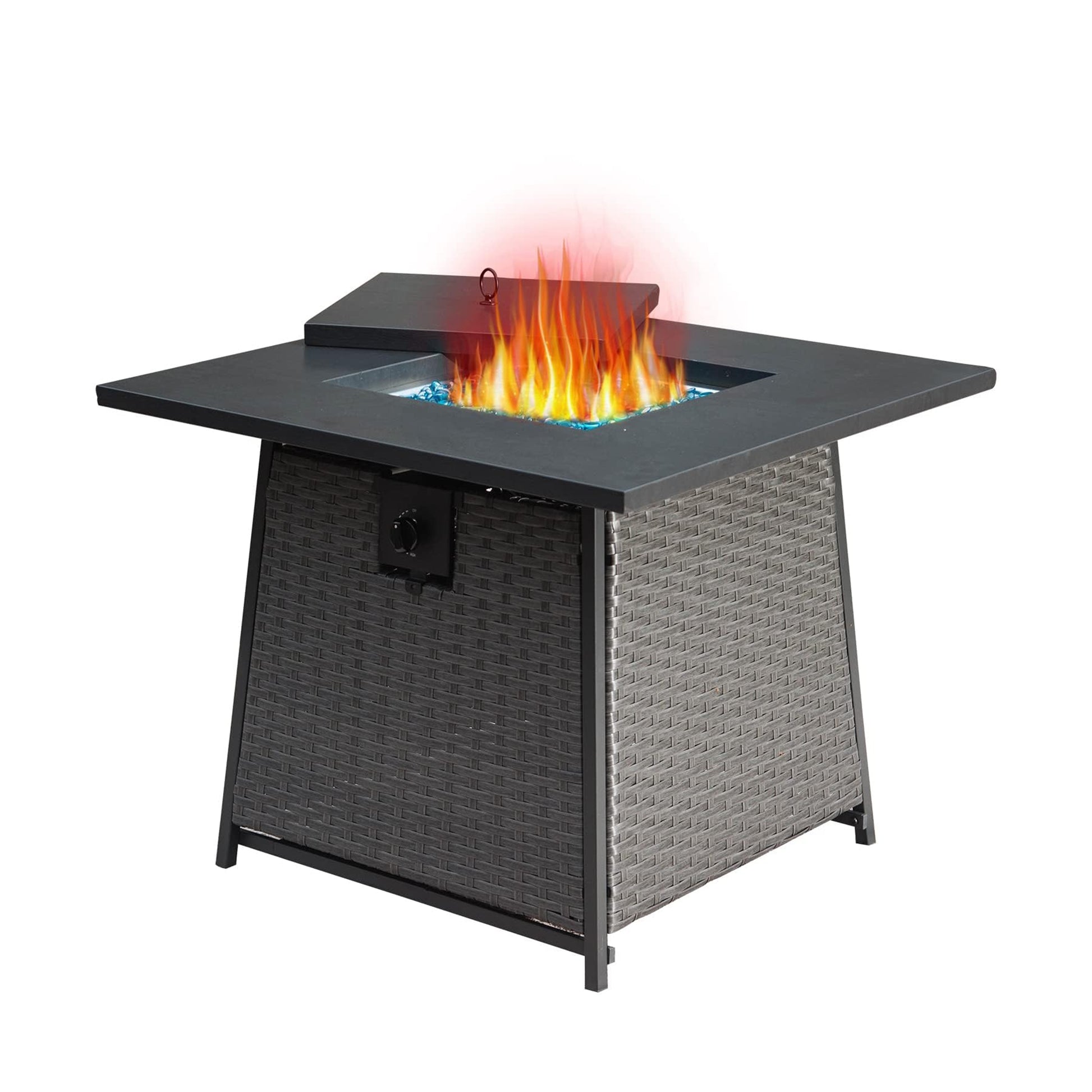 28 Inch Propane Fire Pits Table With Blue Glass Ball,50,000 Btu Outdoor Wicker Fire Table With Etl Certified,2 In 1 Square Steel Gas Firepits Dark Gray Dark Gray Metal