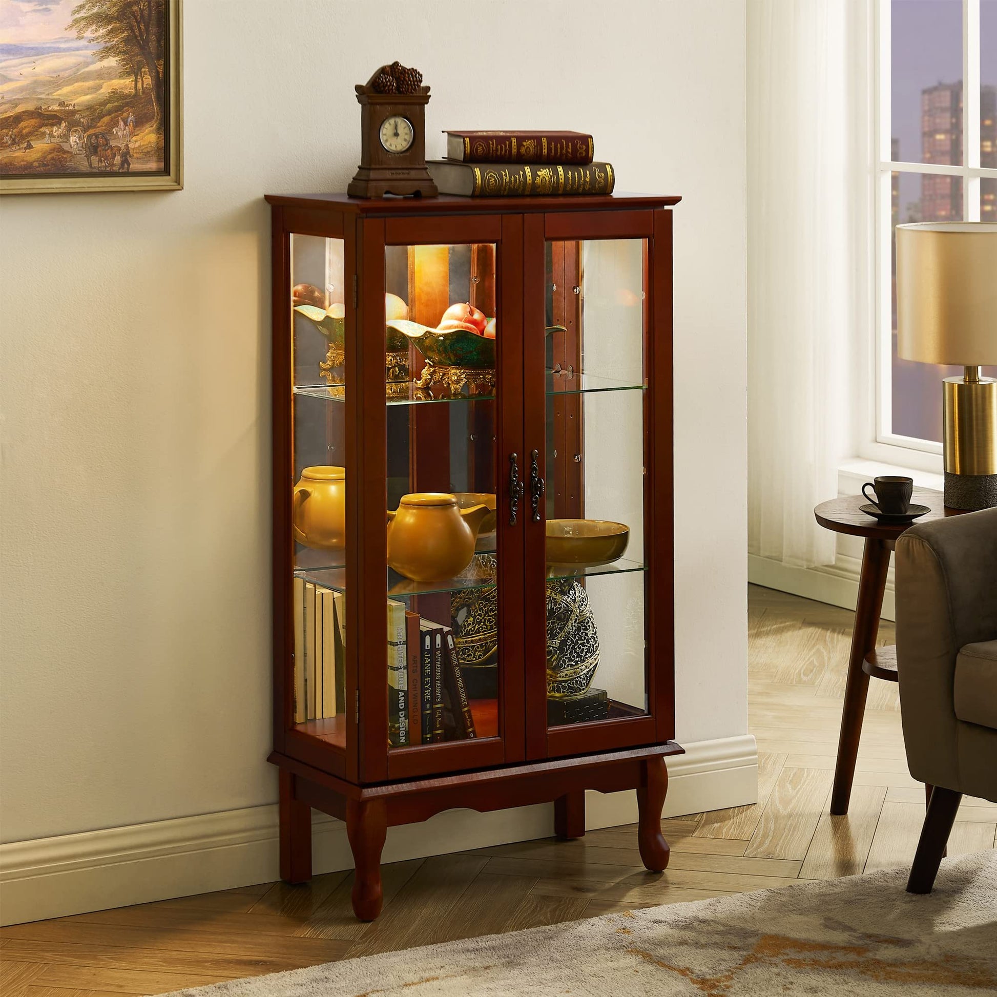 Curio Cabinet Lighted Curio Diapaly Cabinet With Adjustable Shelves And Mirrored Back Panel, Tempered Glass Doors Cherry, 3 Tier , E26 Light Bulb Not Included Cherry Mdf