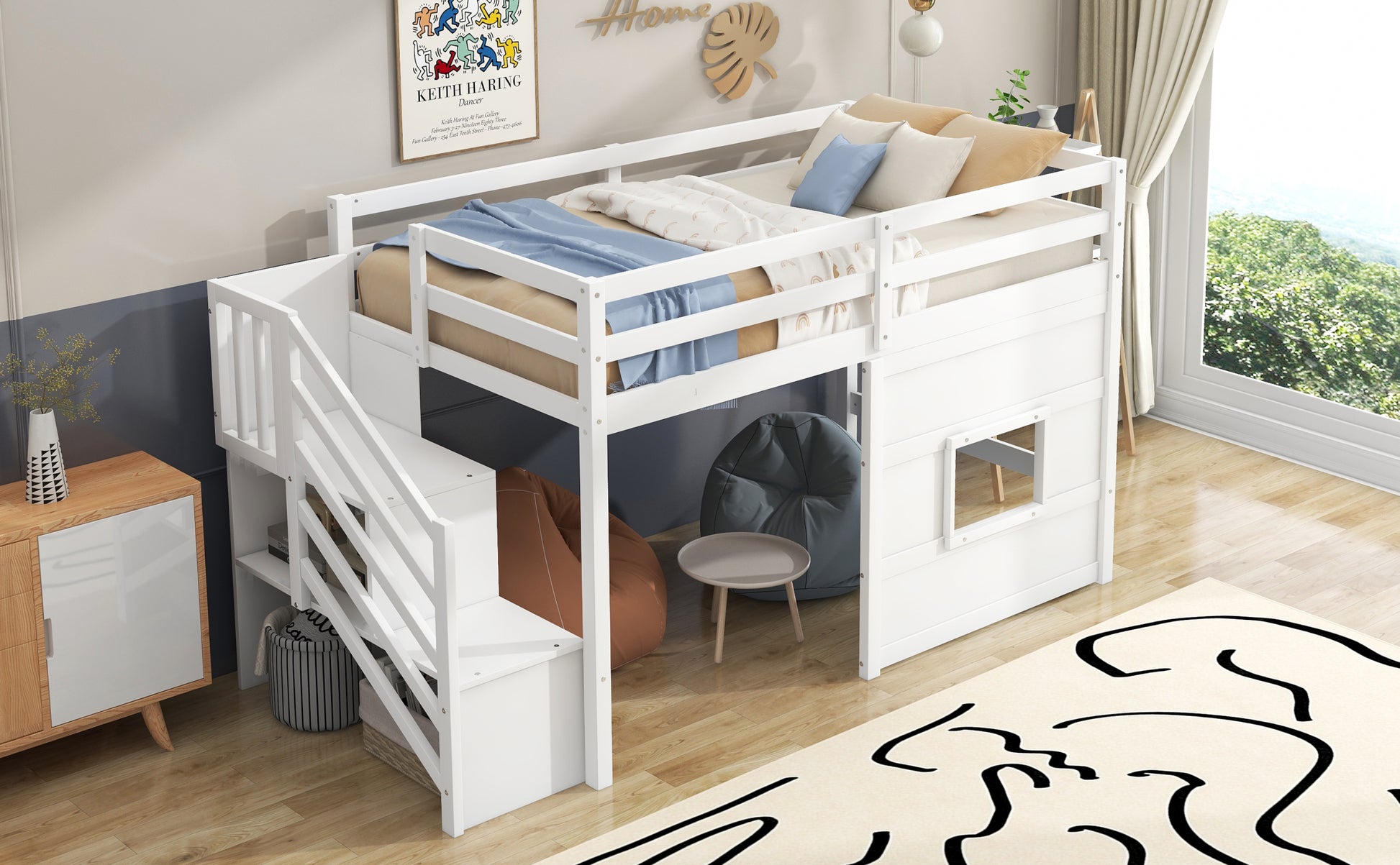 Twin Size Loft Bed With Storage Staircase And Window, White Box Spring Not Required Twin White Wood Bedroom Solid Wood Mdf