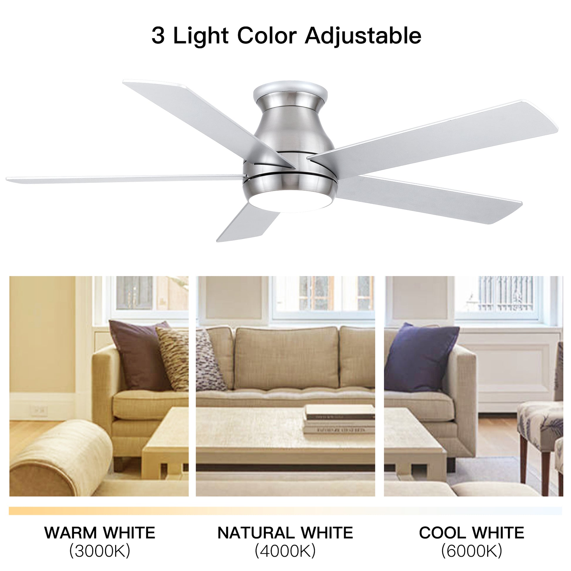 52" Low Profile Ceiling Fan In Brushed Nickel With Silver Blades Silver American Design Plywood Metal & Wood