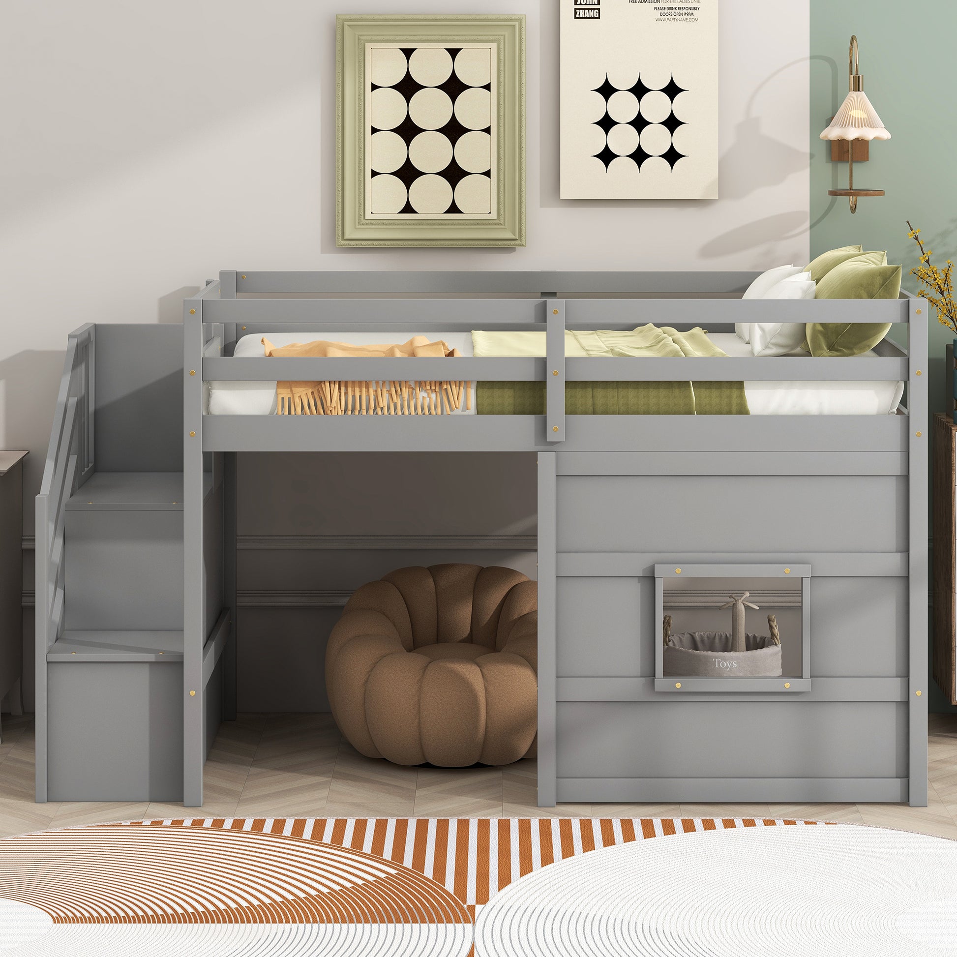 Twin Size Loft Bed With Storage Staircase And Window, Gray Box Spring Not Required Twin Gray Wood Bedroom Solid Wood Mdf